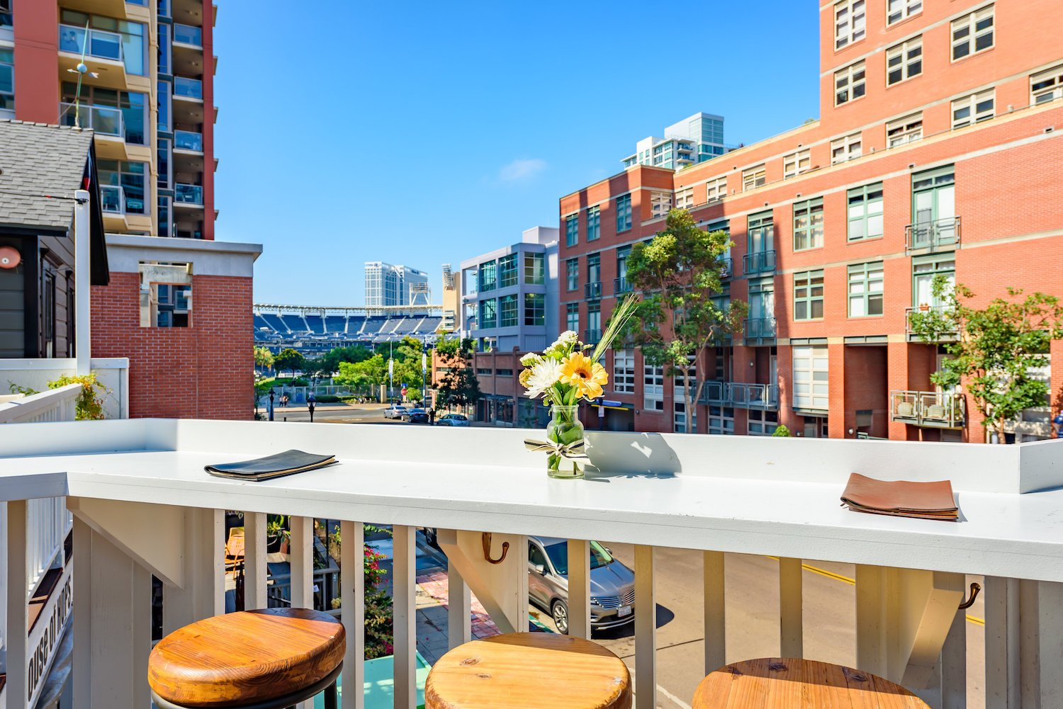 View of Petco Park from San Diego brewery and restaurant Half Door Brewing which closed