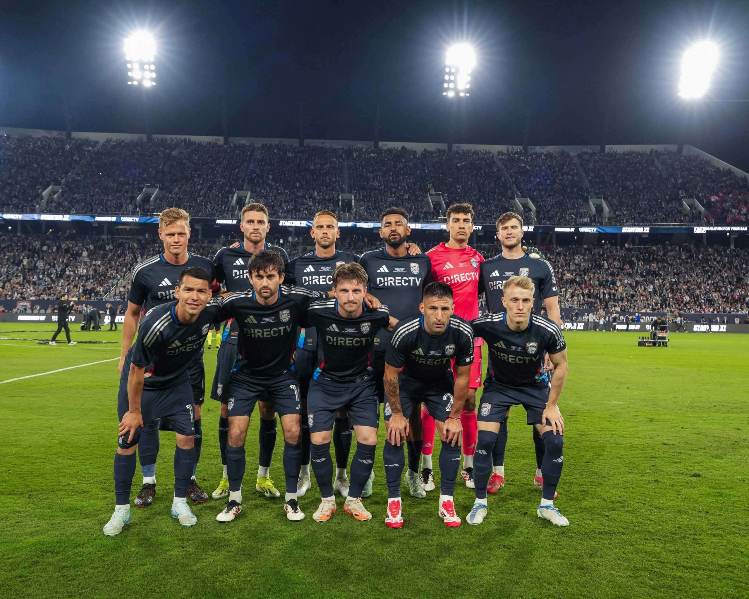 San Diego FC's starting squad poses for a photo ahead of the team's first-ever home game at Snapdragon Stadium in San Diego. 