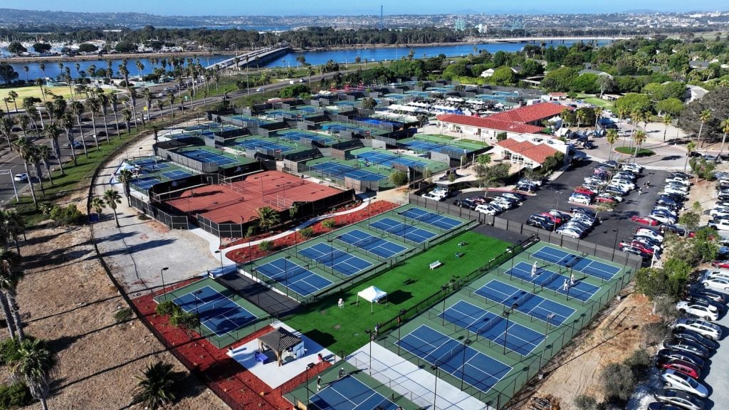 Aerial view of the Barnes Tennis Center in Point Loma featuring Padel courts in San Diego