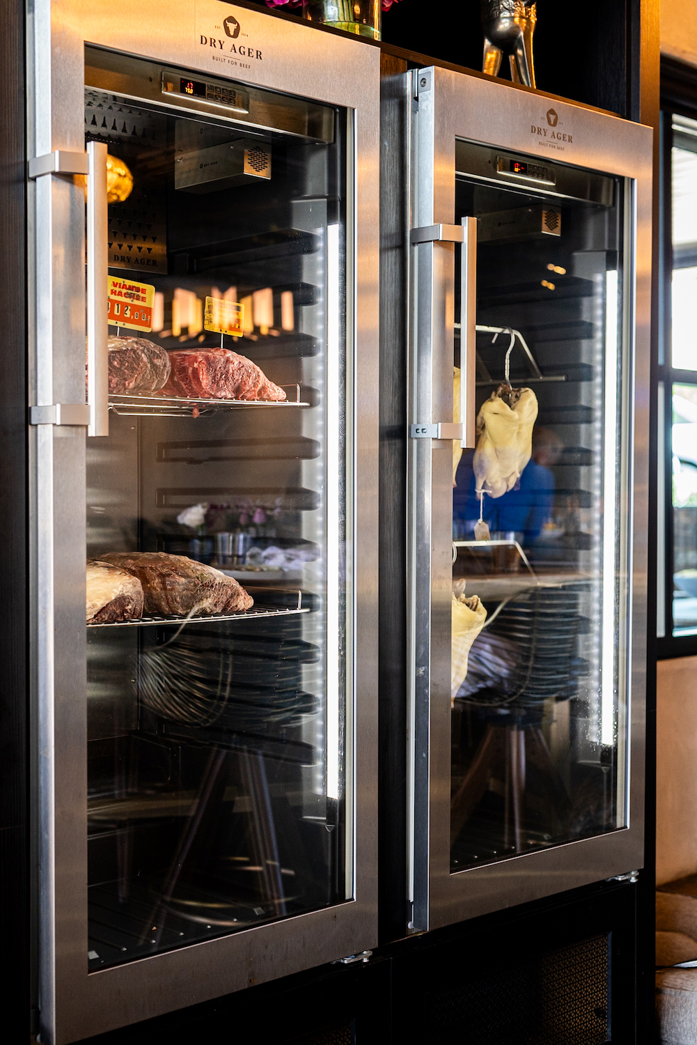 Dry-ager fridge in San Diego Mediterranean restaurant Boujie Mana in Serra Mesa