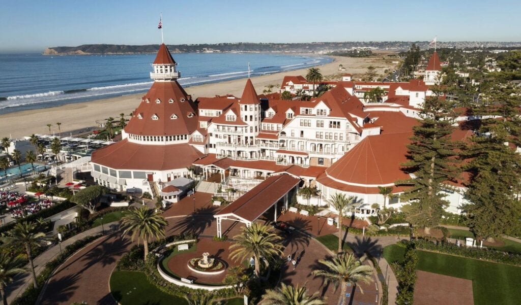 Exterior aerial view of the historic Hotel Del Coronado where Veranda a new restaurant will open in 2025