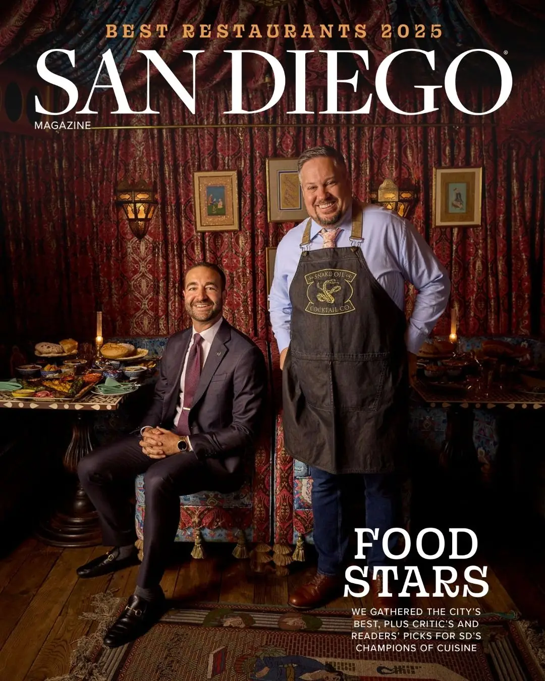 San Diego Magazine's 2025 Best Restaurants Edition cover shoot featuring Michael Esposito of Snake Oil Cocktail Co. and Ryan Thorsen of Mister A’s