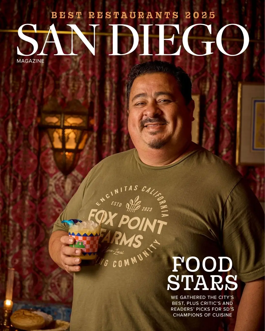 San Diego Magazine's 2025 Best Restaurants Edition cover shoot featuring Alex Carballo of Fox Point Farms 