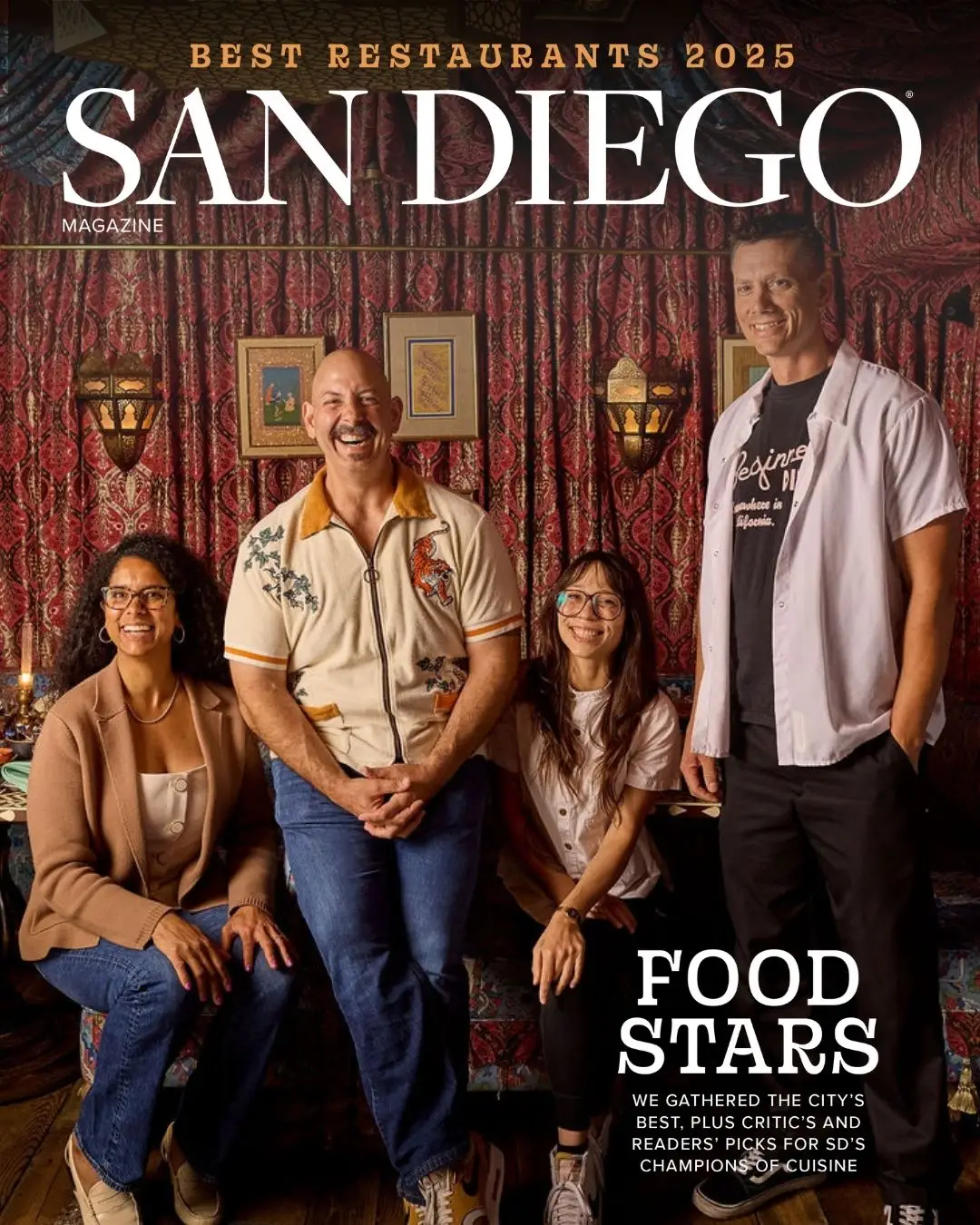 San Diego Magazine's 2025 Best Restaurants Edition cover shoot featuring Alicia Perry of CH Projects, Anthony Schmidt of CH Projects, Charleen Sandoval of Born and Raised, and Ted Smith of Starlite