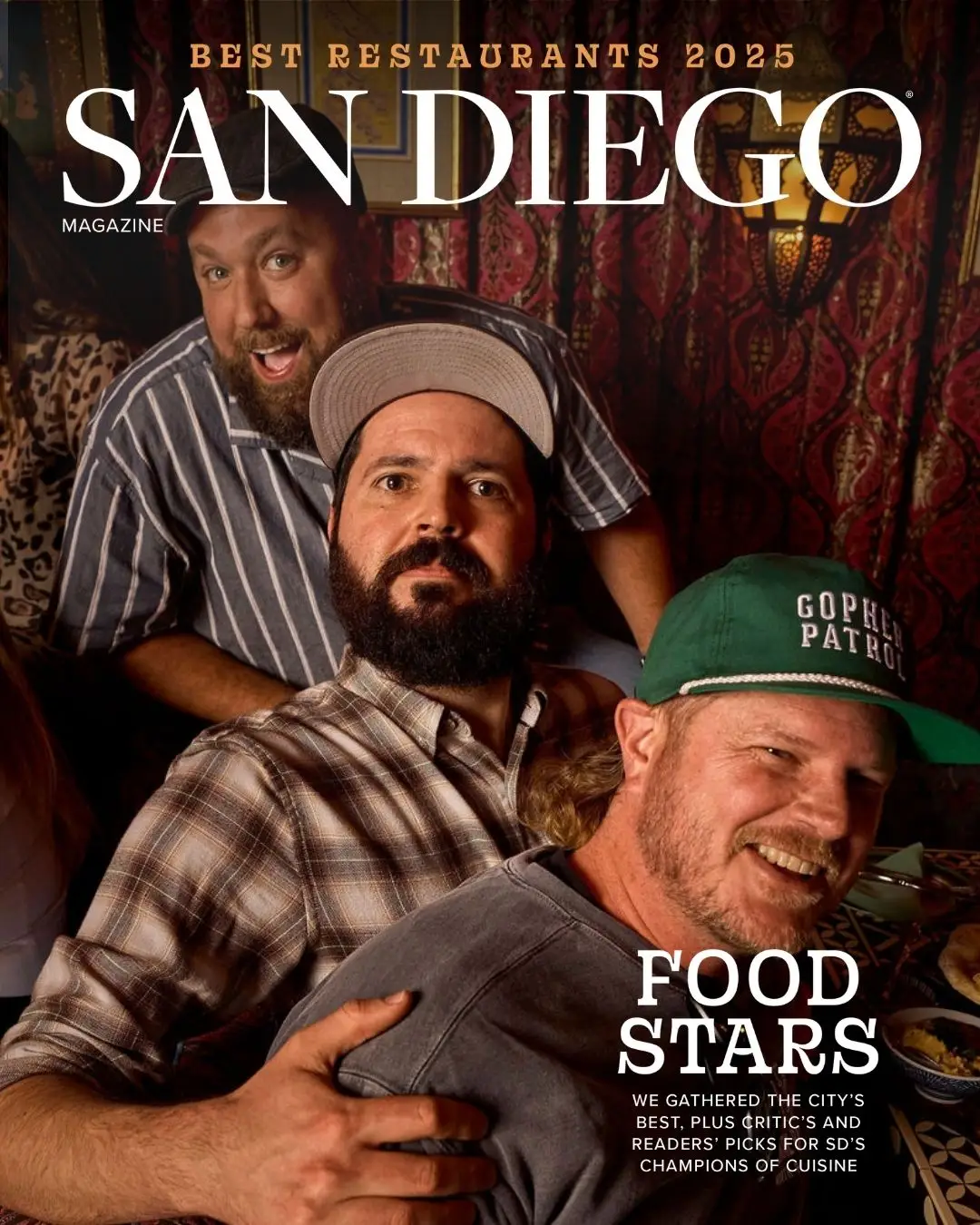San Diego Magazine's 2025 Best Restaurants Edition cover shoot featuring Nick Balsamo of Rosemarie’s Burgers, Matthew Lyons of Tribute Pizza, and Eric Johnson of Happy Medium
