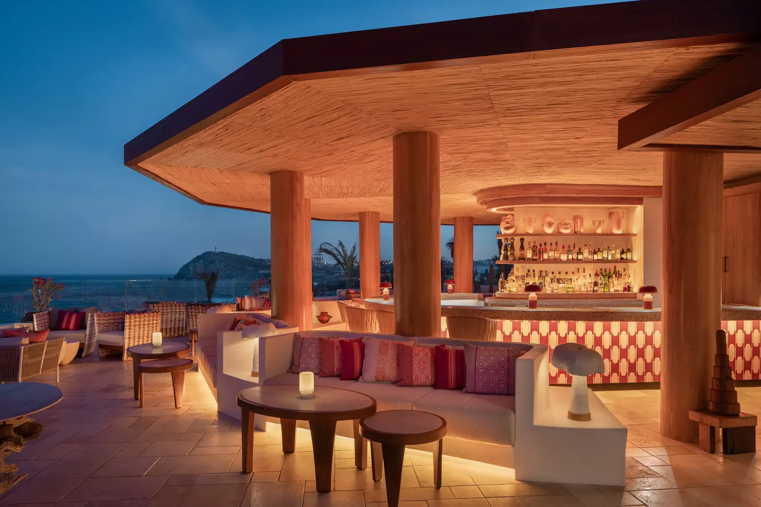 Sora Rooftop Lounge bar atop the Four Seasons Cabo San Lucas hotel at Cabo Del Sol in Baja California Sur