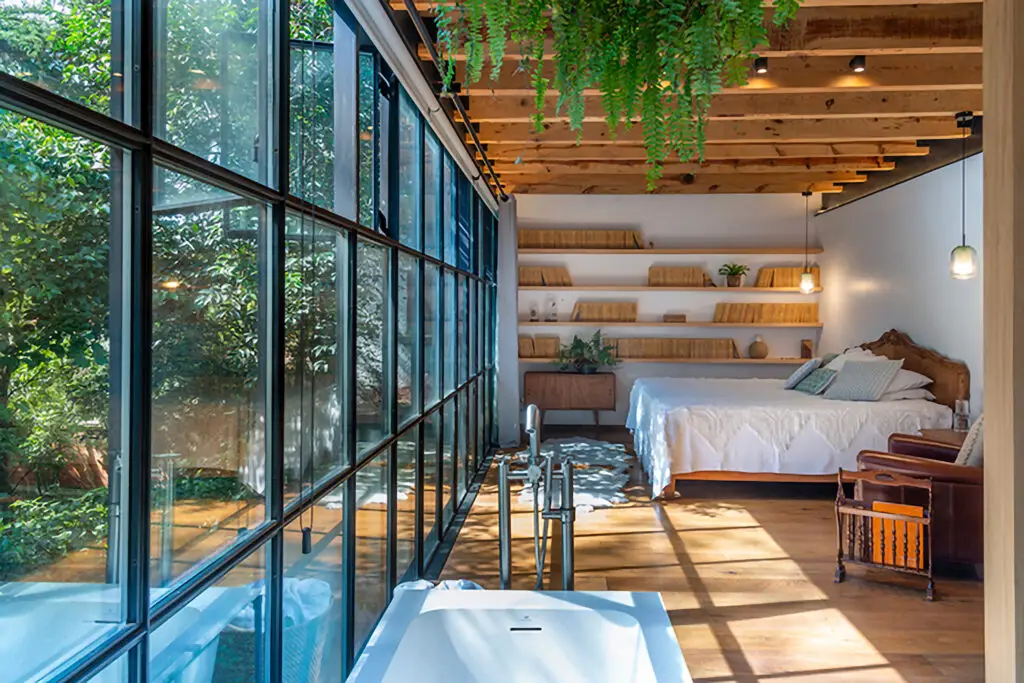 Master bedroom in Mexico City modern home in San Ángel owned by Rosa Agraz and Alejandro Solís