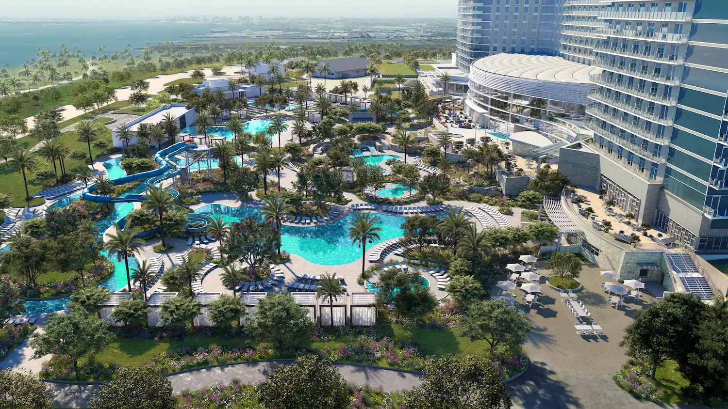Exterior rendering of San Diego hotel the Gaylord Pacific Resort & Convention Center's water park and pools in Chula Vista