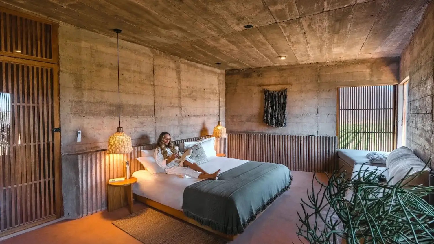 Interior of bedroom at Paradero Todos Santos hotel in Baja California Sur, Mexico