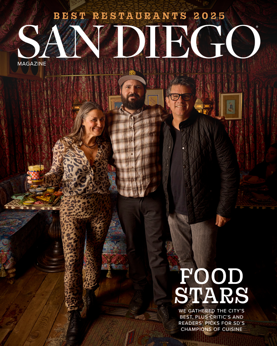 San Diego Magazine's 2025 Best Restaurants Edition cover shoot featuring (L-R): Lara Worm – Bivouac Ciderworks, Matthew Lyons – Tribute Pizza, and Troy Johnson – San Diego Magazine