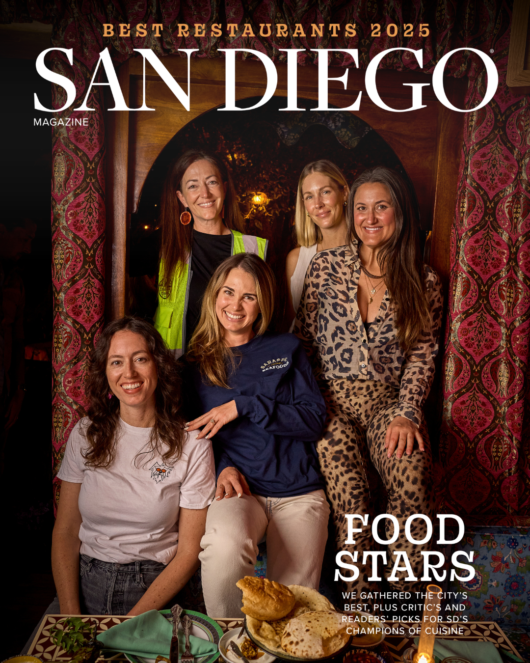 San Diego Magazine's 2025 Best Restaurants Edition cover shoot featuring (L-R): Chelsea Coleman – The Rose Wine Bar/ Mabel’s Gone Fishing, Brijet Myers – Little Italy Mercato, Tanner Saraspe – Saraspe Seafoods, Suzanna Beltz – Oddish Wine and Lara Worm – Bivouac Ciderworks