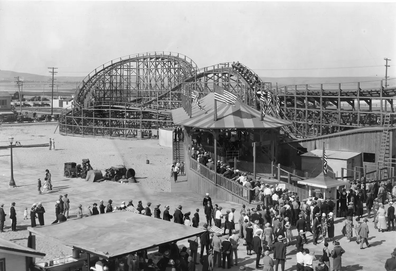 Historical photo of San Diego's Belmont Park grand opening in Mission Beach on July 4, 1925 featuring the Giant Dipper roller coaster
