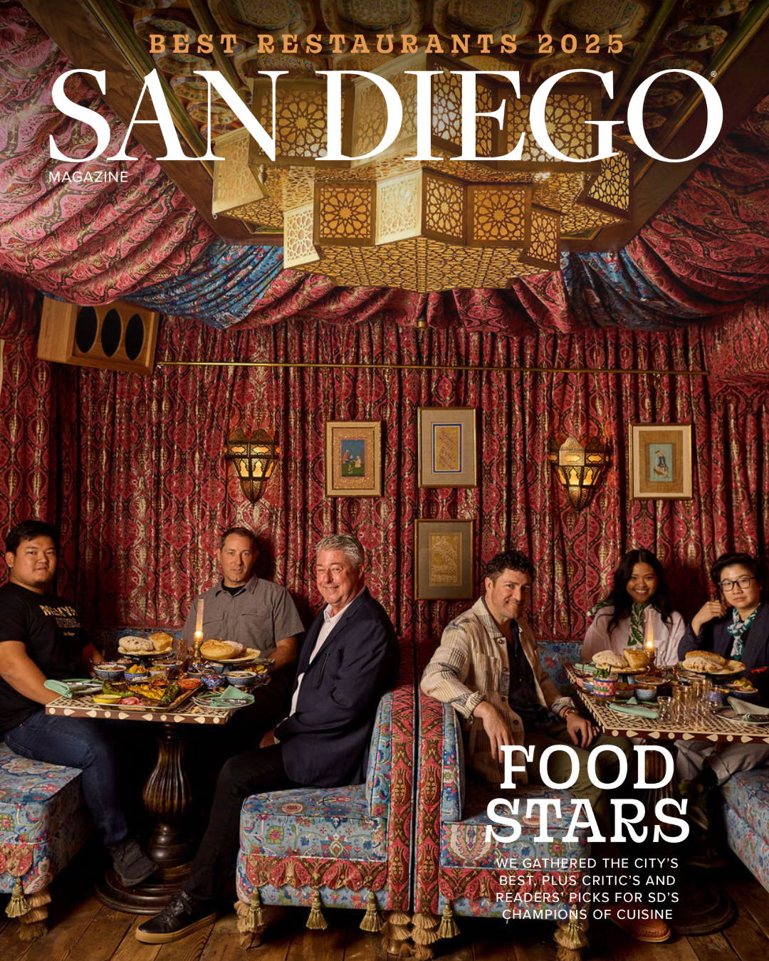 San Diego Magazine's 2025 Best Restaurants Edition cover shoot featuring (L-R): Daiki Endo – Menya Ultra, Tim Kolanko – Urban Kitchen Group, Trey Foshee – Georges at the Cove, Guillaume Ryon – Parfait Paris, Lani Gobaleza – Paru Tea, and Amy Truong – Paru Tea