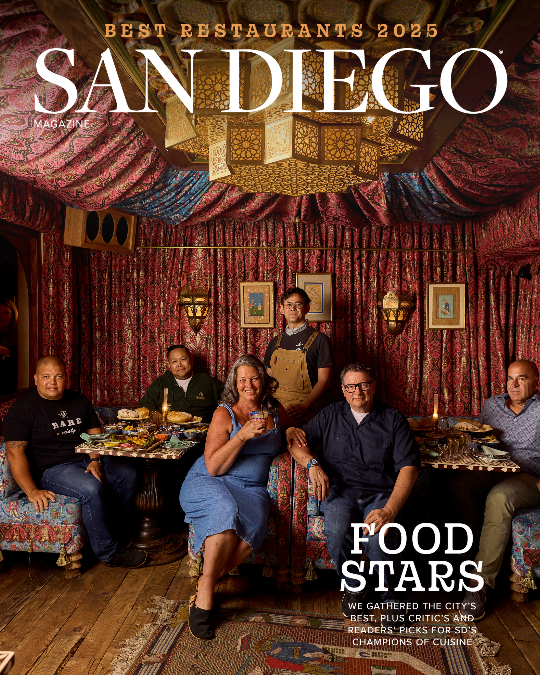 San Diego Magazine's 2025 Best Restaurants Edition cover shoot featuring (L-R): Brad Wise – Trust Restaurant Group, David Sim – Kingfisher, Aaron & Roddy Browning – Flying Pig Pub & Kitchen, and David Spatafore – Blue Bridge Hospitality 