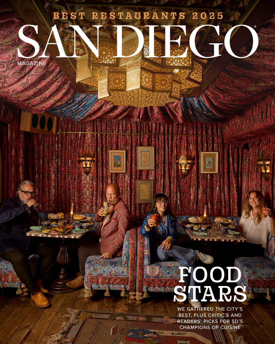 San Diego Magazine's 2025 Best Restaurants Edition cover shoot featuring (L-R): Johnny Rivera – Hash House A Go Go/ Wolf in the Woods, Michael Soriano – Onairos Design, Claudette Zepeda – Leu Leu, and Anne-Marie Coulon – Little Lion Cafe