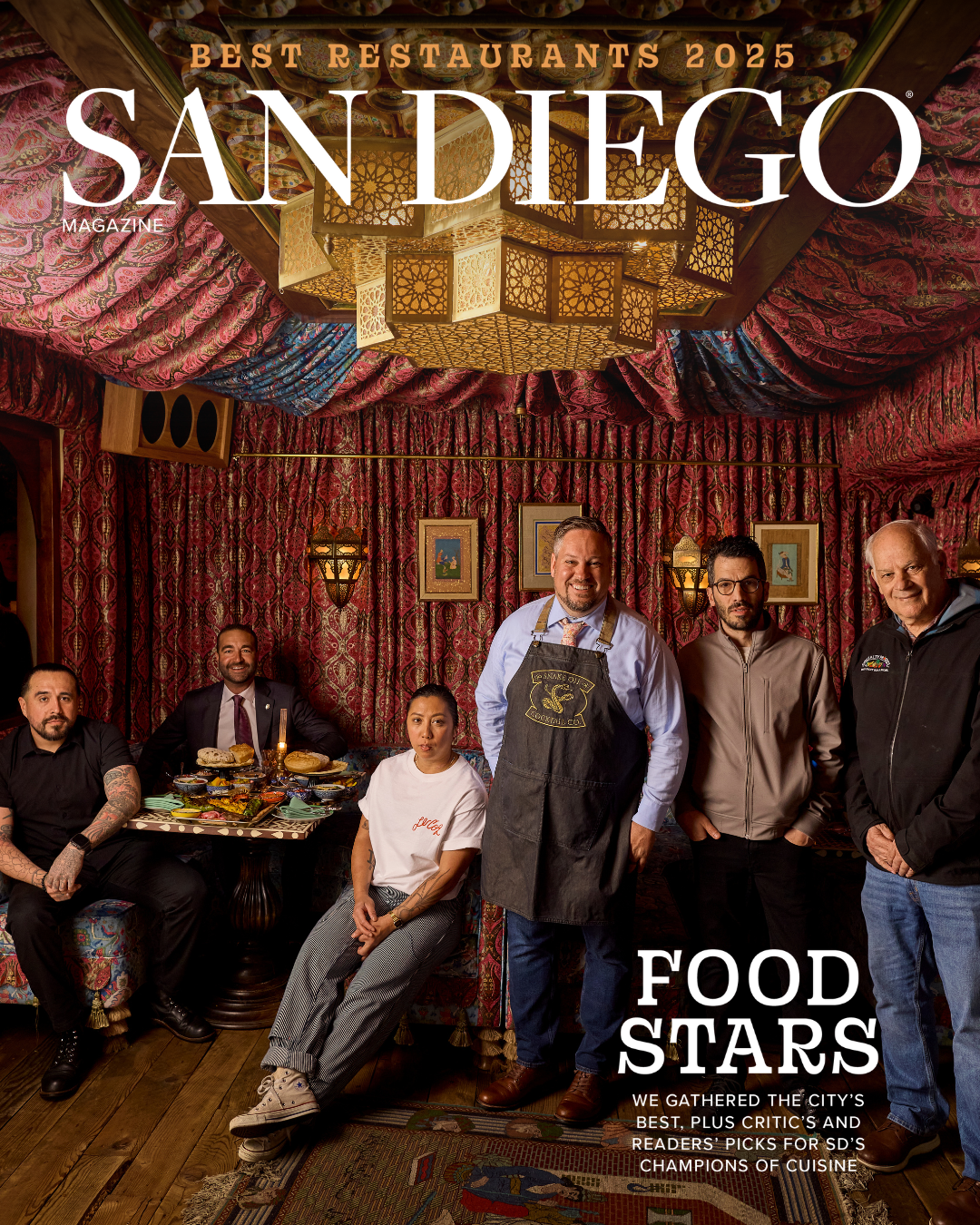 San Diego Magazine's 2025 Best Restaurants Edition cover shoot featuring (L-R): Ryan Thorsen – Mister A’s, Tara Monsod – Animae/Le Coq, JoJo Ruiz – Lionfish/Temaki Sushi, Michael Esposito – Snake Oil Cocktail Co., Brian Redzikowski – Kettner Exchange/ The Waverly and Bob Harrington – Specialty Produce