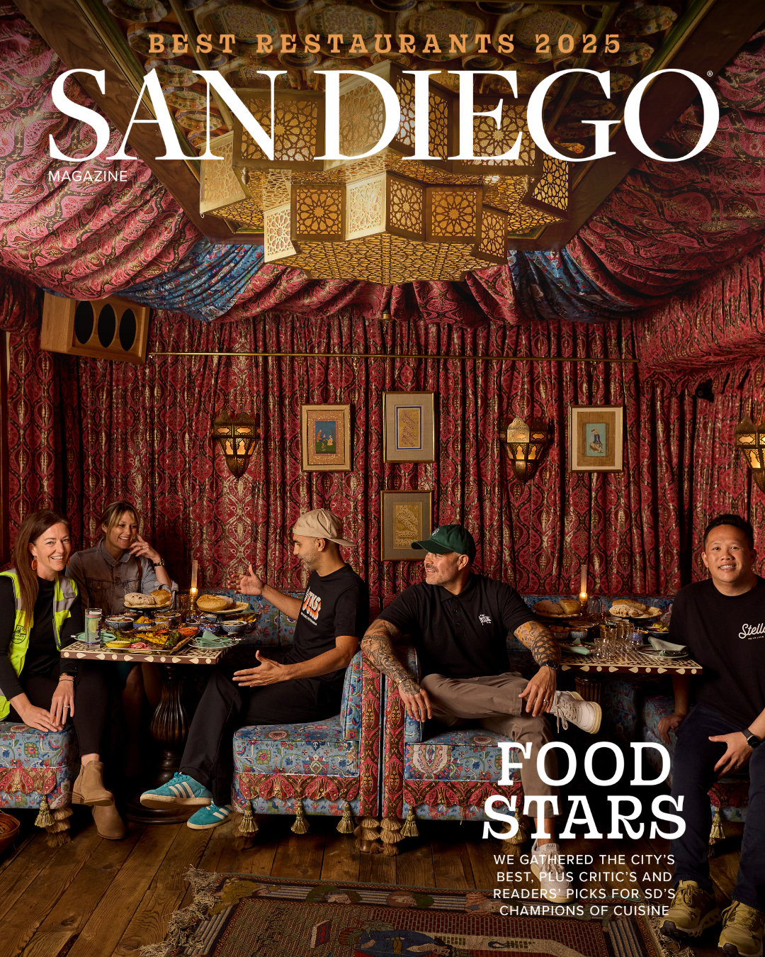 San Diego Magazine's 2025 Best Restaurants Edition cover shoot featuring (L-R): Brijet Myers – Little Italy Mercato, Meghan Koll – Little Fox Cups & Cones, Wally Sadat – The Kebab Shop, Steven Torres – Stella Jean’s/Pop Pie Co, and Gan Suebsarakham – Stella Jean’s/Pop Pie Co