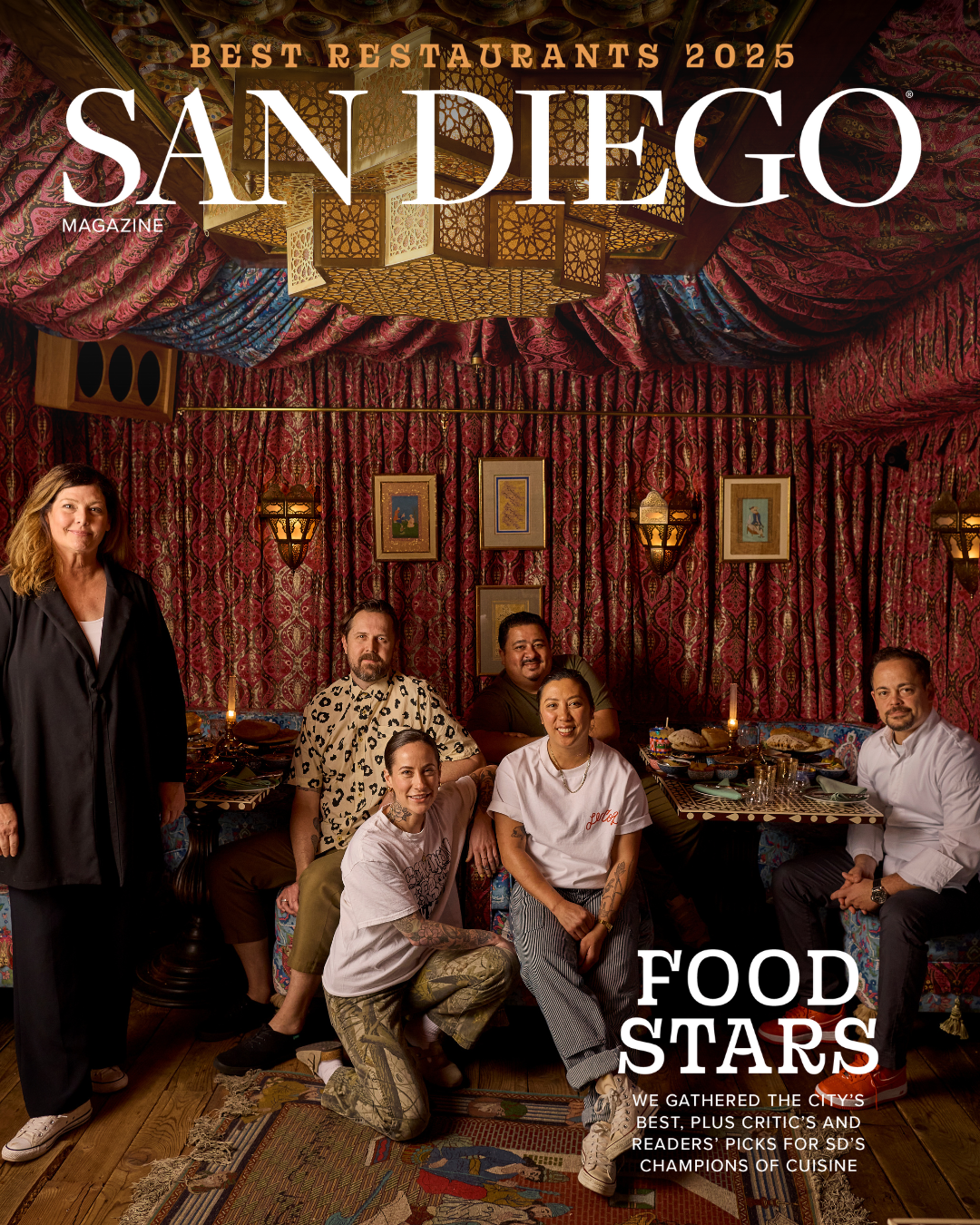 San Diego Magazine's 2025 Best Restaurants Edition cover shoot featuring (L to R): Jennifer Gilmore – Kitchens for Good, Kory Stetina — Kindred/Mothership/ Vulture/Dreamboat, Sienna Walters – Companion Bread, Alex Carballo – Fox Point Farms, Tara Monsod – Animae/Le Coq, and Roberto Alcocer – Valle