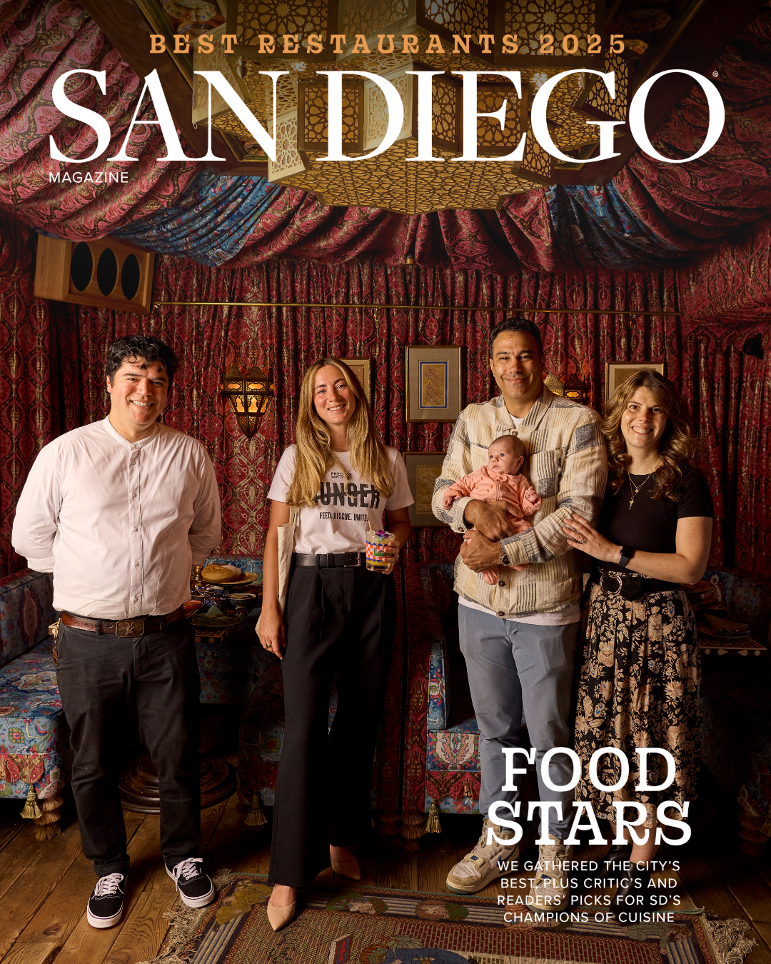 San Diego Magazine's 2025 Best Restaurants Edition cover shoot featuring(L-R): Kevin Alvarado – Kinme Omakase/ Azuki Sushi, Kate Garrett – Feeding San Diego, and Guillaume Ryon – Parfait Paris