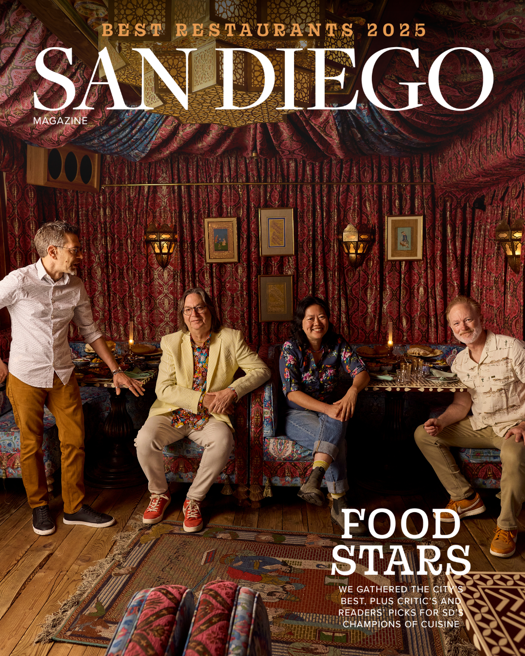 San Diego Magazine's 2025 Best Restaurants Edition cover shoot featuring (L-R): Mario Cassineri – Ciccia Osteria, Randy Smerik – Solare Ristorante, Anchi Mei – MAKE Projects, and Brendan Huffman – Monarch Ocean Pub/ Wonderland Ocean Pub/ Social Syndicate
