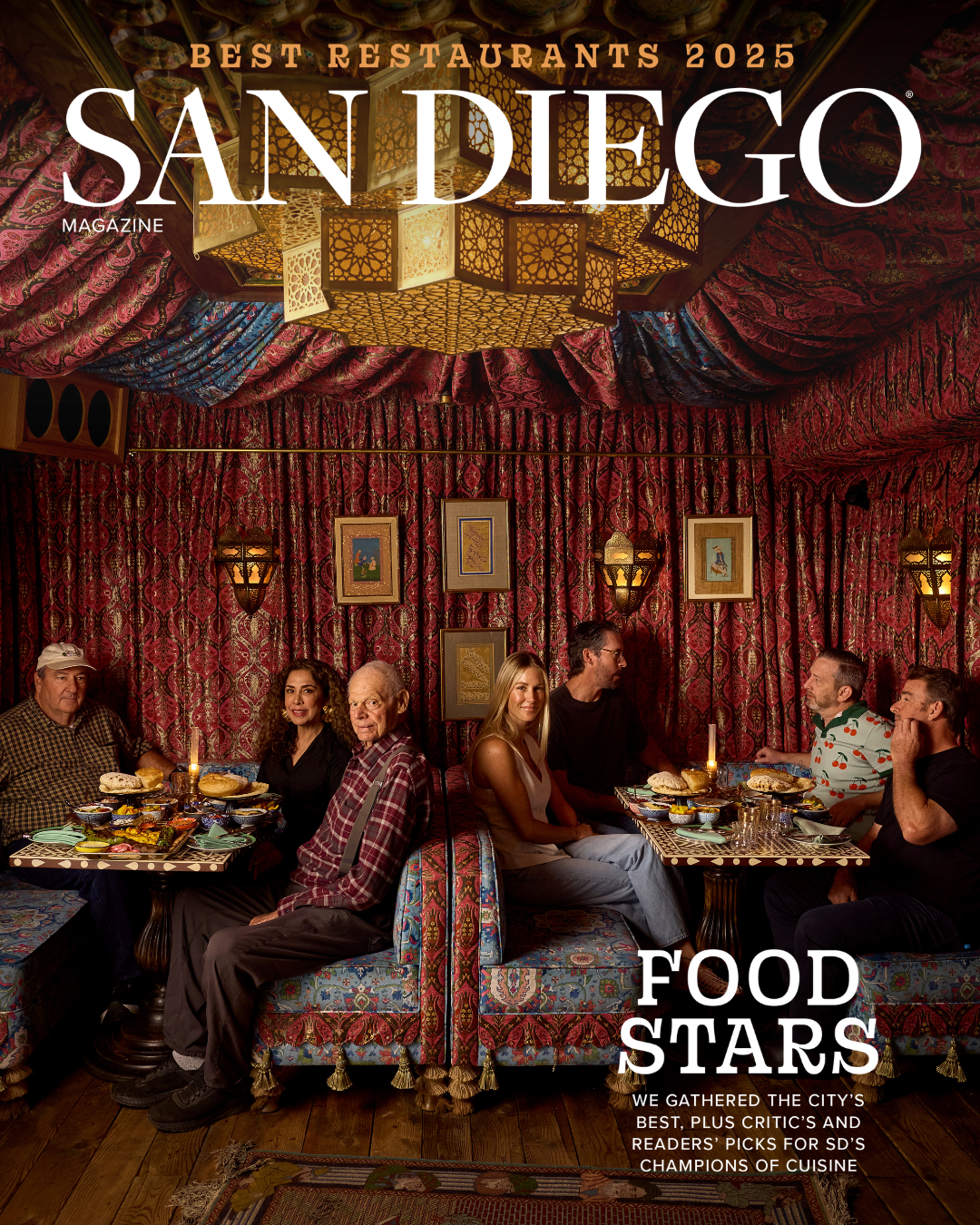 San Diego Magazine's 2025 Best Restaurants Edition cover shoot featuring (L-R): Noel Stehly – Stehly Farms Organics, Flor Franco – Franco Group, Peter Halmay – San Diego Fishermen’s Working Group, Suzanna & Billy Beltz – Oddish Wine, Ian Ward – Ponyboy, and Ryan Johnston – Gravity Heights/Catania