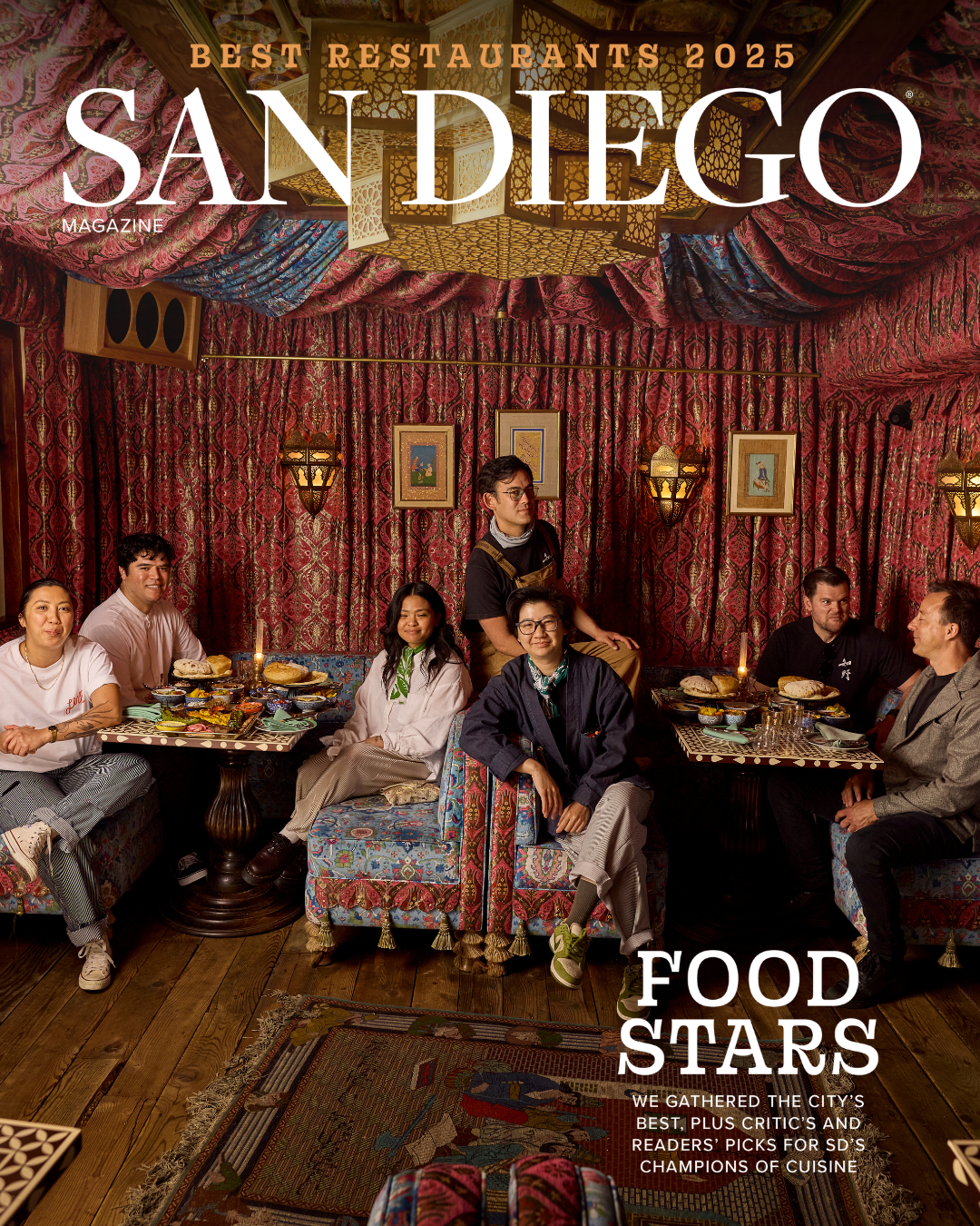 San Diego Magazine's 2025 Best Restaurants Edition cover shoot featuring (L-R): Tara Monsod – Animae/Le Coq, Kevin Alvarado – Kinme Omakase/ Azuki Sushi, Lani Gobaleza – Paru Tea, Amy Truong – Paru Tea, Makoto Chino – Chino Farm, Travis Swikard – Callie, and Eric Bost – Jeune et Jolie/Campfire/ Wildland/Lilo