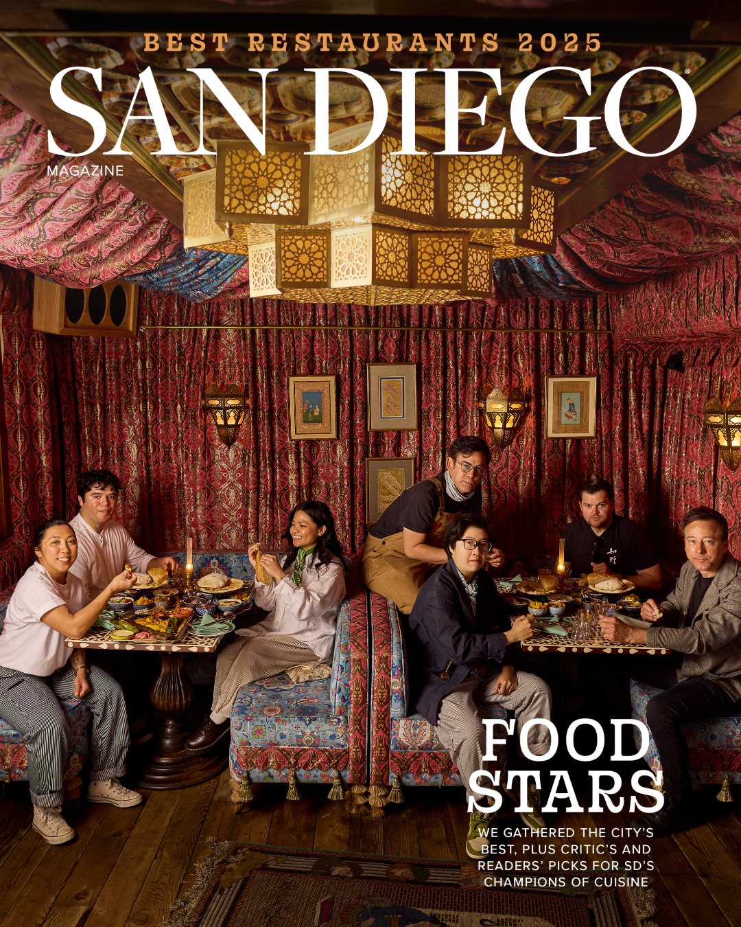 San Diego Magazine's 2025 Best Restaurants Edition cover shoot featuring (L-R): Tara Monsod – Animae/Le Coq, Kevin Alvarado – Kinme Omakase/ Azuki Sushi, Lani Gobaleza – Paru Tea, Amy Truong – Paru Tea, Makoto Chino – Chino Farm, Travis Swikard – Callie, and Eric Bost – Jeune et Jolie/Campfire/ Wildland/Lilo