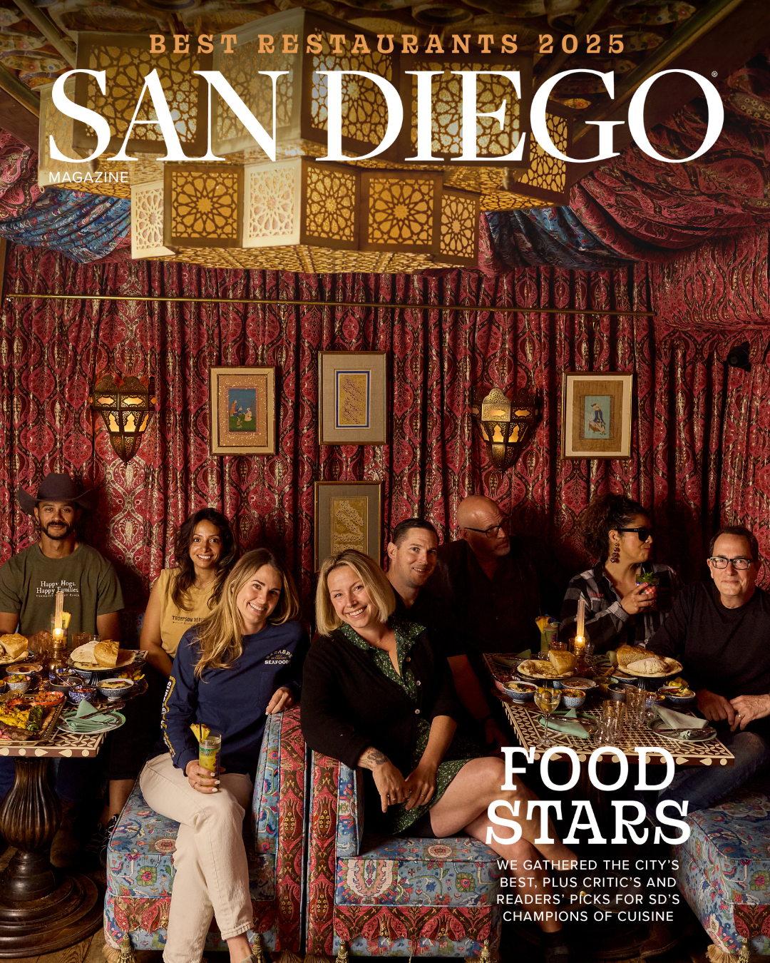 San Diego Magazine's 2025 Best Restaurants Edition cover shoot featuring (L-R): Ty &Carene Thompson – Thompson Heritage Ranch, Tanner Saraspe – Saraspe Seafoods, Crystal White – Wayfarer Bread, Mike Reidy – The Fishery, Chris Puffer – Puffer Malarkey Collective, Carmen Velasco-Favela – Mujeres Brew House, and Sam the Cooking Guy – YouTuber/ Cookbook Author