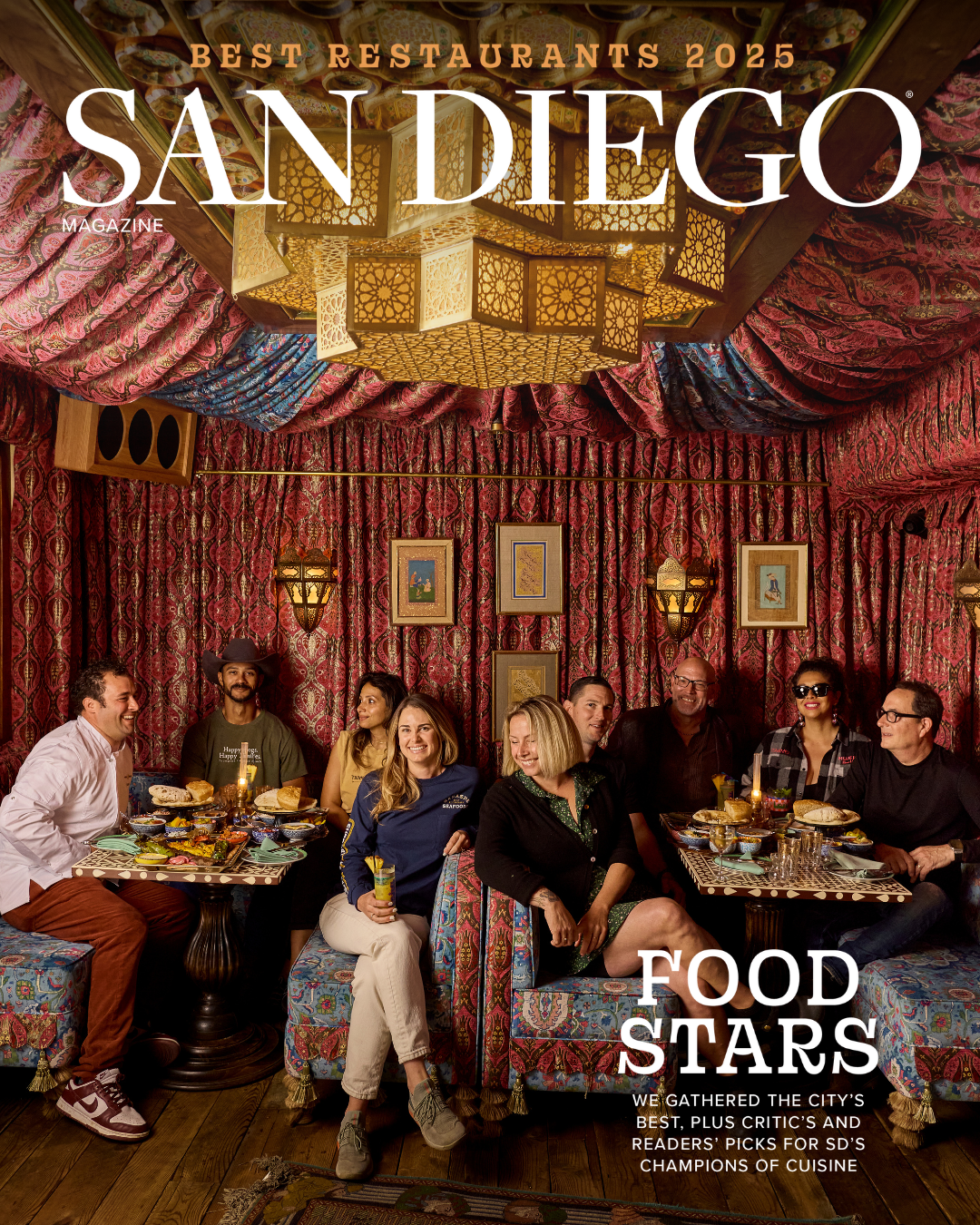 San Diego Magazine's 2025 Best Restaurants Edition cover shoot featuring (L-R): Accursio Lota – Trattoria Cori Pastificio, Ty &Carene Thompson – Thompson Heritage Ranch, Tanner Saraspe – Saraspe Seafoods, Crystal White – Wayfarer Bread, Mike Reidy – The Fishery, Chris Puffer – Puffer Malarkey Collective, Carmen Velasco-Favela – Mujeres Brew House, and Sam the Cooking Guy – YouTuber/ Cookbook Author