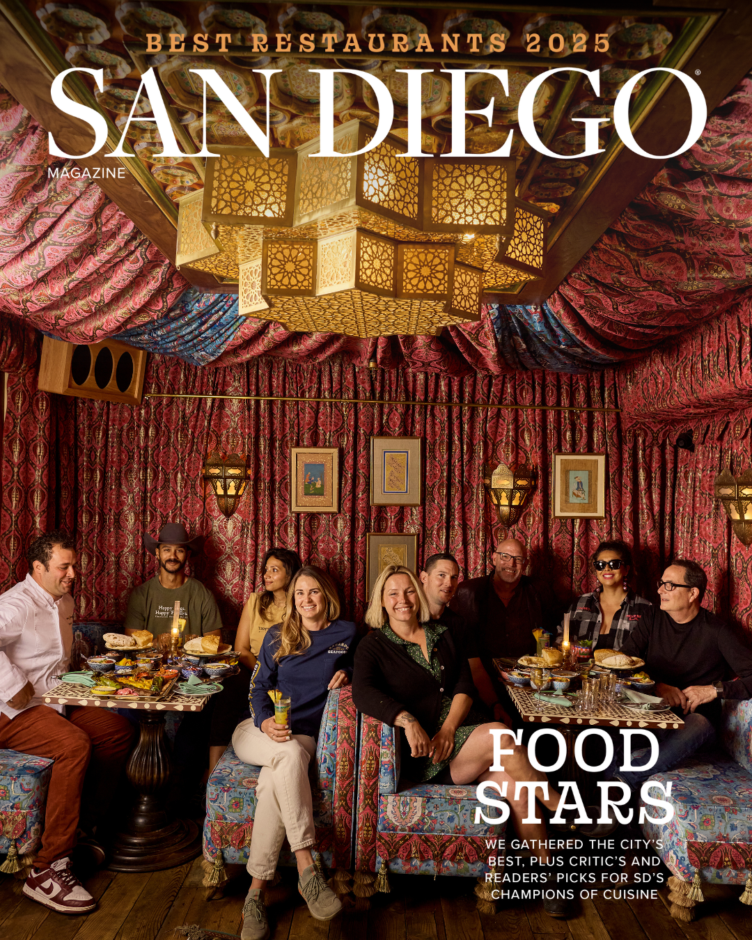 San Diego Magazine's 2025 Best Restaurants Edition cover shoot featuring (L-R): Accursio Lota – Trattoria Cori Pastificio, Ty &Carene Thompson – Thompson Heritage Ranch, Tanner Saraspe – Saraspe Seafoods, Crystal White – Wayfarer Bread, Mike Reidy – The Fishery, Chris Puffer – Puffer Malarkey Collective, Carmen Velasco-Favela – Mujeres Brew House, and Sam the Cooking Guy – YouTuber/ Cookbook Author
