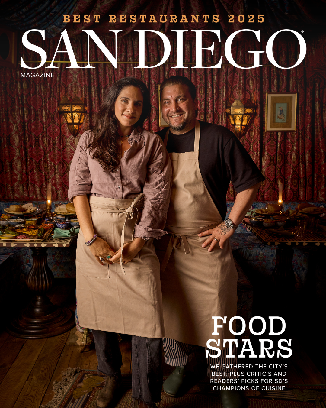 San Diego Magazine's 2025 Best Restaurants Edition cover shoot featuring (L-R): Andrew & Larah Bachelier – Atelier Manna/ Chick & Hawk