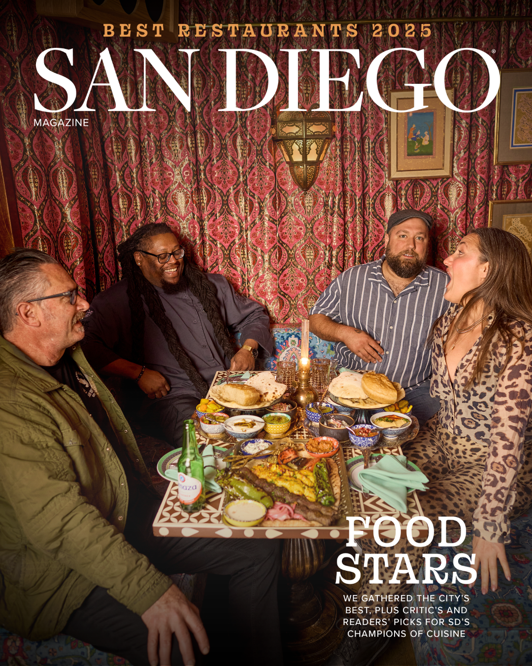 San Diego Magazine's 2025 Best Restaurants Edition cover shoot featuring (L-R): Dave Lively – Fall Brewing Company, Quinnton Austin – Louisiana Purchase, Nick Balsamo – Rosemarie’s Burgers, and Lara Worm – Bivouac Ciderworks 