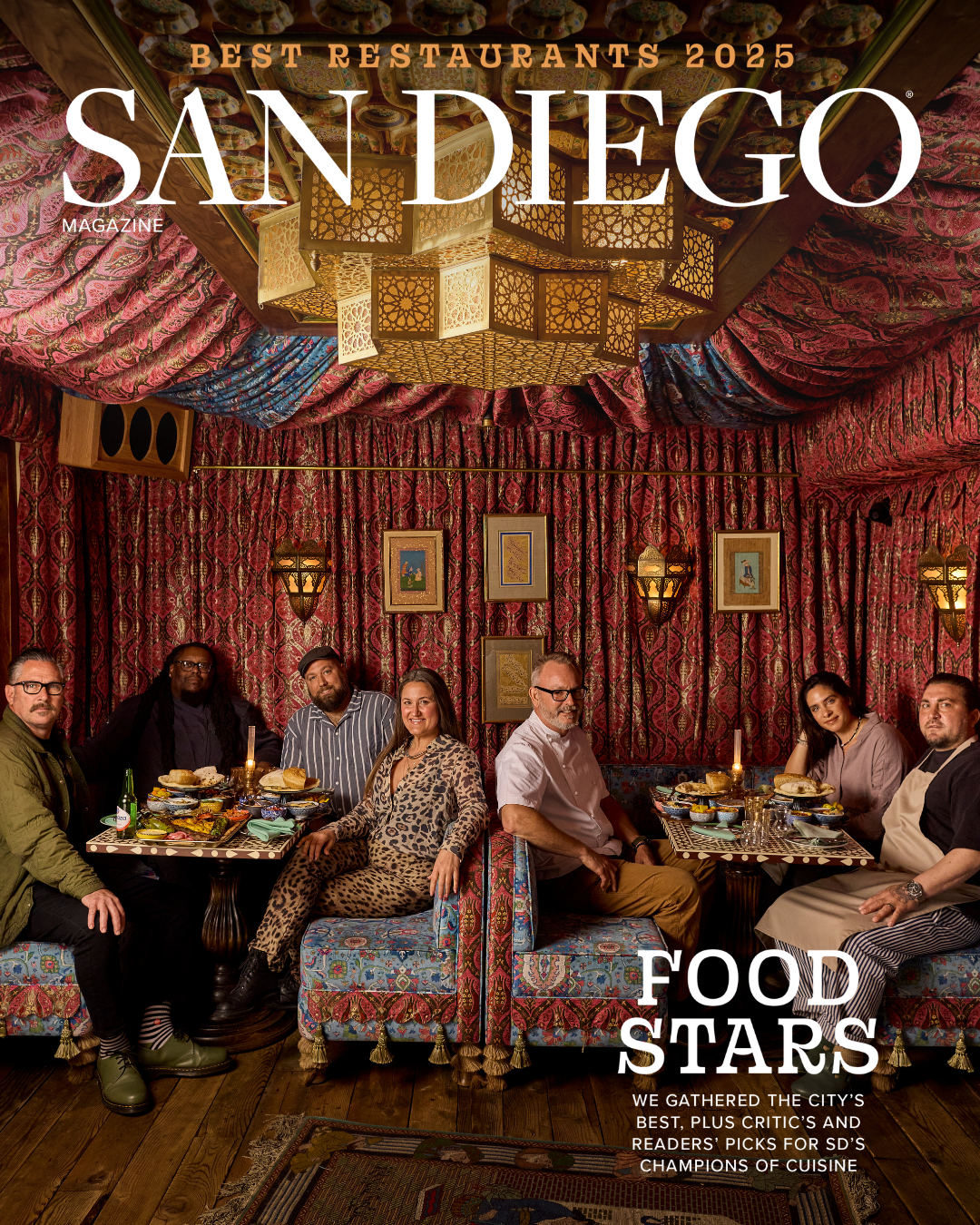 San Diego Magazine's 2025 Best Restaurants Edition cover shoot featuring (L-R): Dave Lively – Fall Brewing Company, Quinnton Austin – Louisiana Purchase, Nick Balsamo – Rosemarie’s Burgers, Lara Worm – Bivouac Ciderworks, Drew Deckman – 31ThirtyOne/ Deckman’s en el Mogor, and Larah Bachelier – Atelier Manna, and Andrew Bachelier – Atelier Manna/ Chick & Hawk