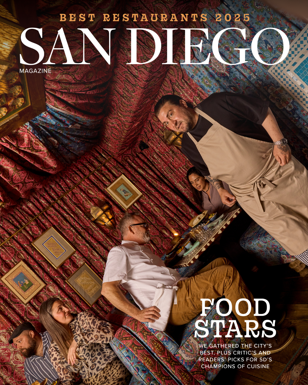 San Diego Magazine's 2025 Best Restaurants Edition cover shoot featuring (L-R): Nick Balsamo – Rosemarie’s Burgers, Lara Worm – Bivouac Ciderworks, Drew Deckman – 31ThirtyOne/ Deckman’s en el Mogor, and Larah Bachelier – Atelier Manna, and Andrew Bachelier – Atelier Manna/ Chick & Hawk