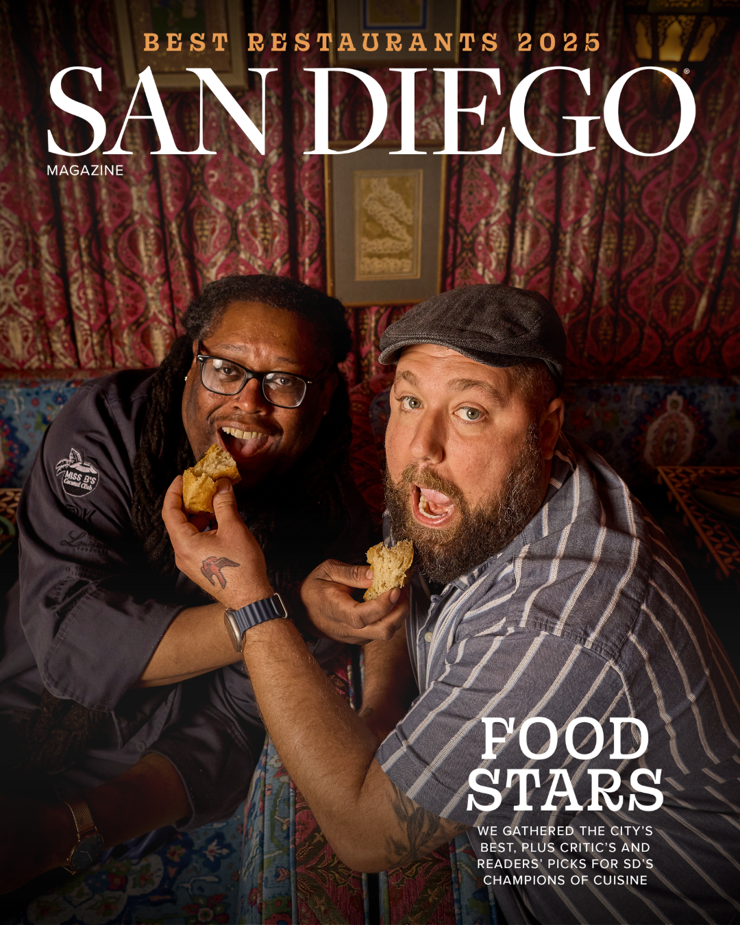 San Diego Magazine's 2025 Best Restaurants Edition cover shoot featuring (L to R): Quinnton Austin – Louisiana Purchase & Nick Balsamo – Rosemarie’s Burgers
