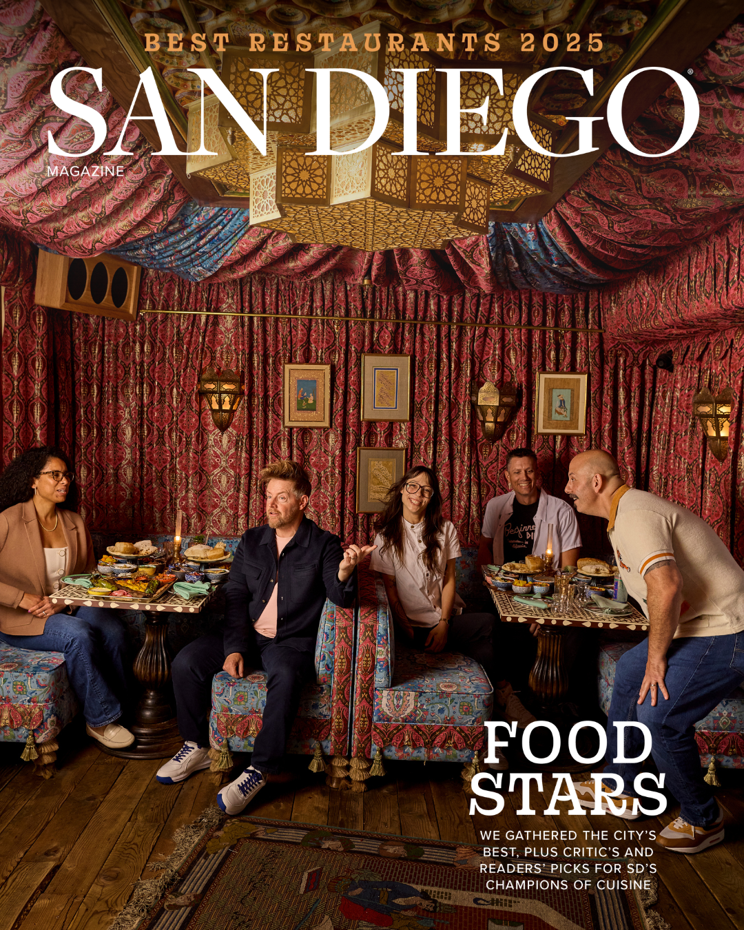 San Diego Magazine's 2025 Best Restaurants Edition cover shoot featuring (L-R): Alicia Perry – CH Projects, Richard Blais – Ember & Rye/ California English, Charleen Sandoval – Born and Raised, Ted Smith – Starlite, and Anthony Schmidt – CH Projects