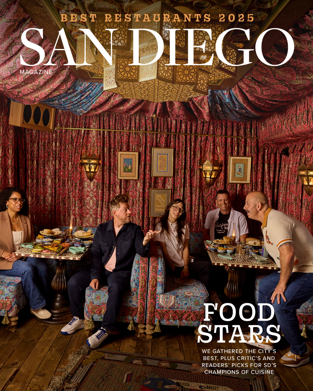 San Diego Magazine's 2025 Best Restaurants Edition cover shoot featuring (L-R): Alicia Perry – CH Projects, Richard Blais – Ember & Rye/ California English, Charleen Sandoval – Born and Raised, Ted Smith – Starlite, and Anthony Schmidt – CH Projects