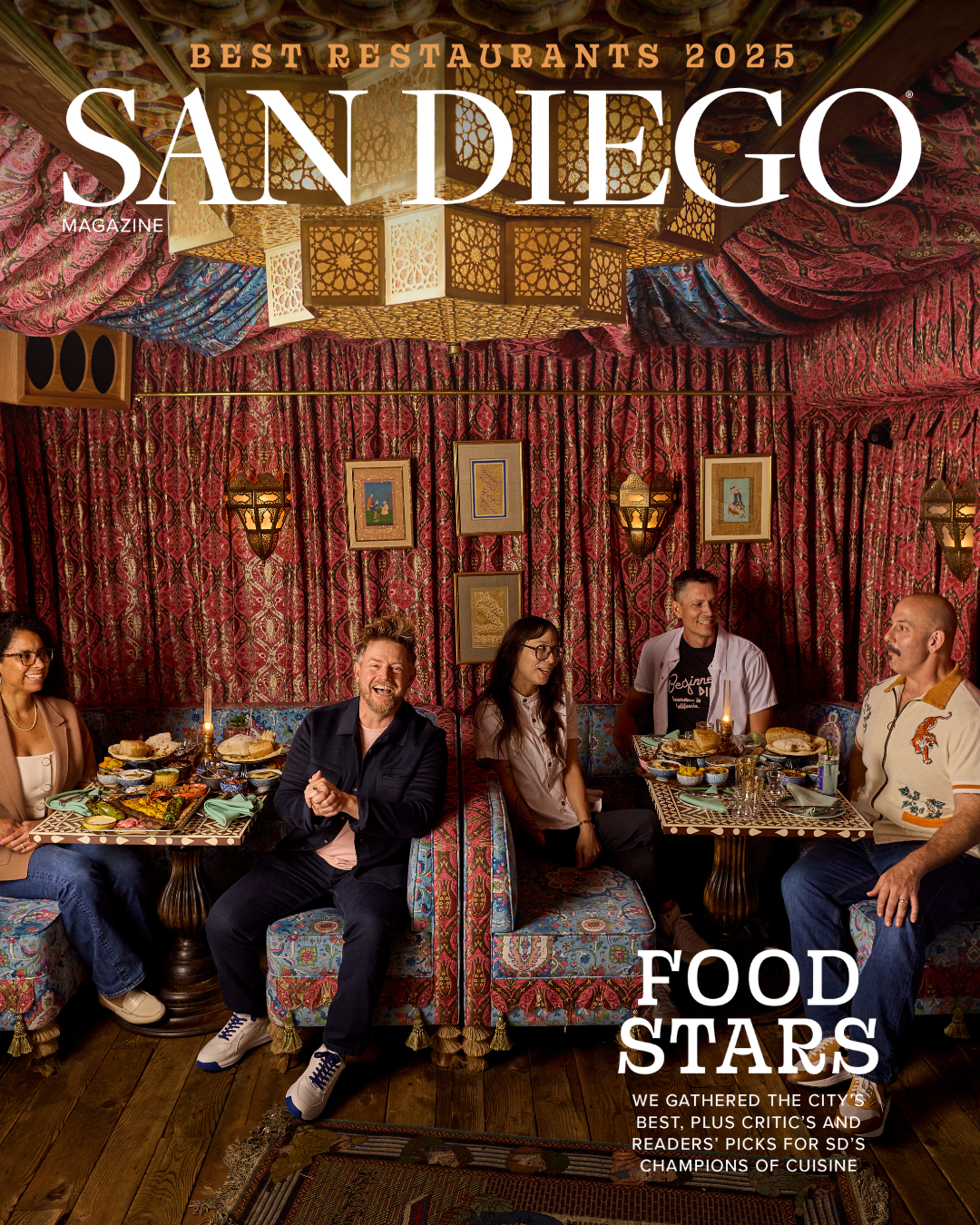 San Diego Magazine's 2025 Best Restaurants Edition cover shoot featuring (L-R): Alicia Perry – CH Projects, Richard Blais – Ember & Rye/ California English, Charleen Sandoval – Born and Raised, Ted Smith – Starlite, and Anthony Schmidt – CH Projects