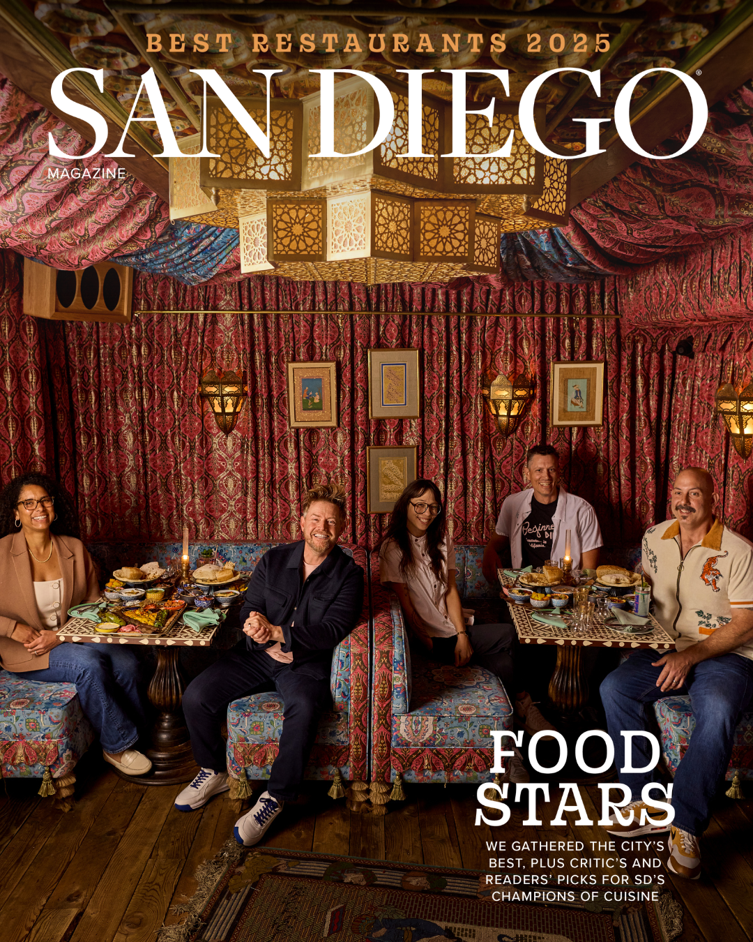 San Diego Magazine's 2025 Best Restaurants Edition cover shoot featuring (L to R): Alicia Perry – CH Projects, Richard Blais – Ember & Rye/ California English, Charleen Sandoval – Born and Raised, Ted Smith – Starlite, and Anthony Schmidt – CH Projects