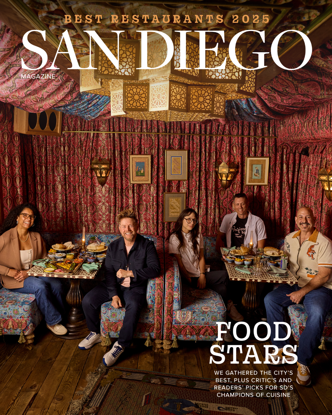 San Diego Magazine's 2025 Best Restaurants Edition cover shoot featuring (L-R): Alicia Perry – CH Projects, Richard Blais – Ember & Rye/ California English, Charleen Sandoval – Born and Raised, Ted Smith – Starlite, and Anthony Schmidt – CH Projects