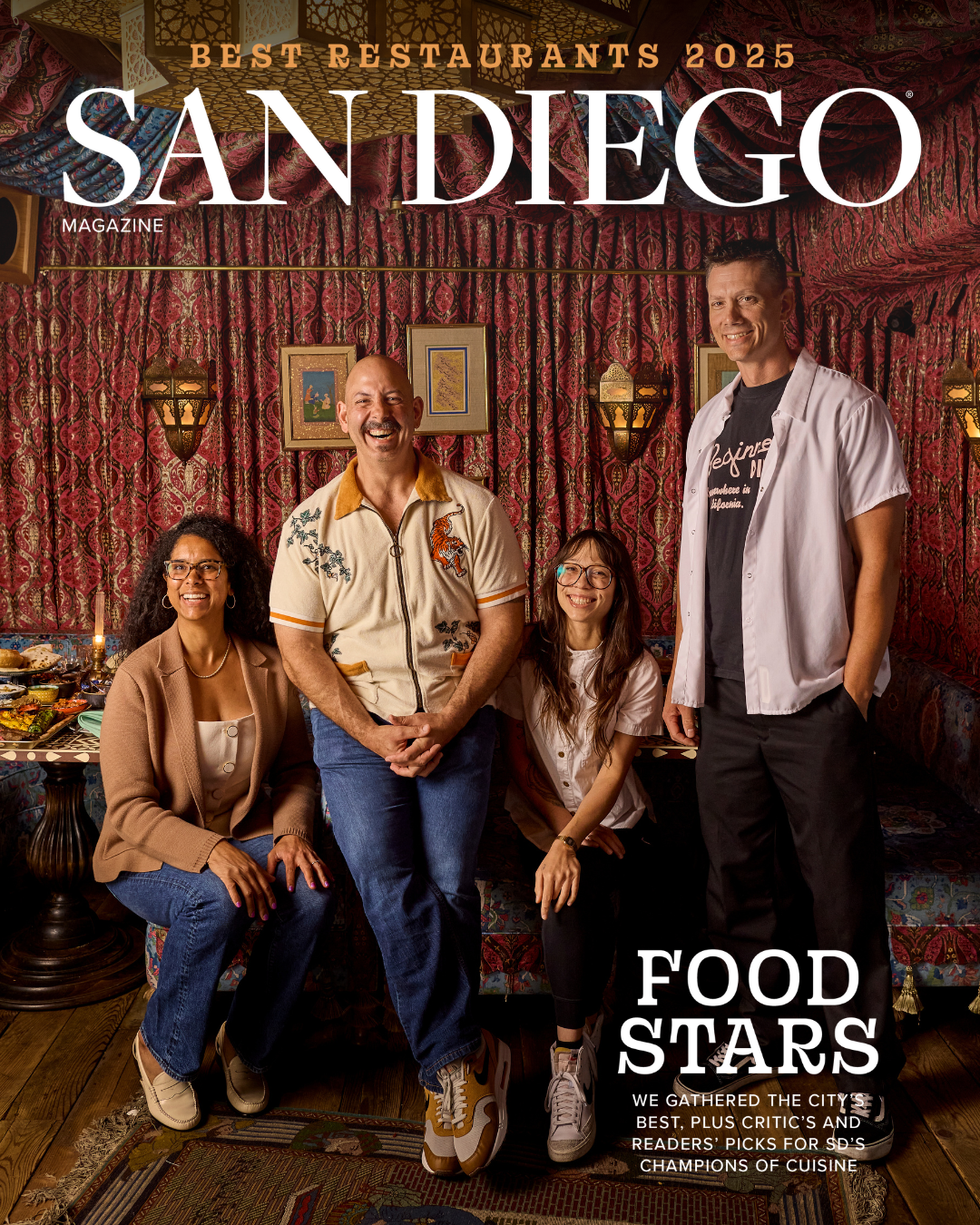 San Diego Magazine's 2025 Best Restaurants Edition cover shoot featuring (L-R): Alicia Perry – CH Projects, Anthony Schmidt – Anthony Schmidt, Charleen Sandoval – Born and Raised, and Ted Smith – Starlite