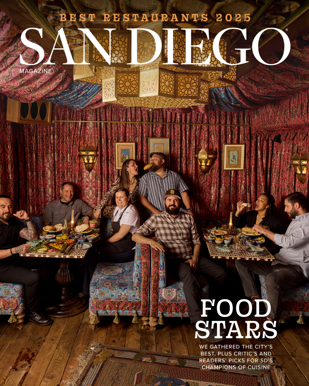 San Diego Magazine's 2025 Best Restaurants Edition cover shoot featuring (L-R): JoJo Ruiz – Lionfish/Temaki Sushi, Tim Kolanko – Urban Kitchen Group, Lara Worm – Bivouac Ciderworks, Kelli Crosson – A.R. Valentien/The Lodge at Torrey Pines, Nick Balsamo – Rosemarie’s Burgers, Matthew Lyons – Tribute Pizza, Cesarina Mezzoni – Cesarina/Elvira, and Niccolò Angius – Cesarina/Elvira
