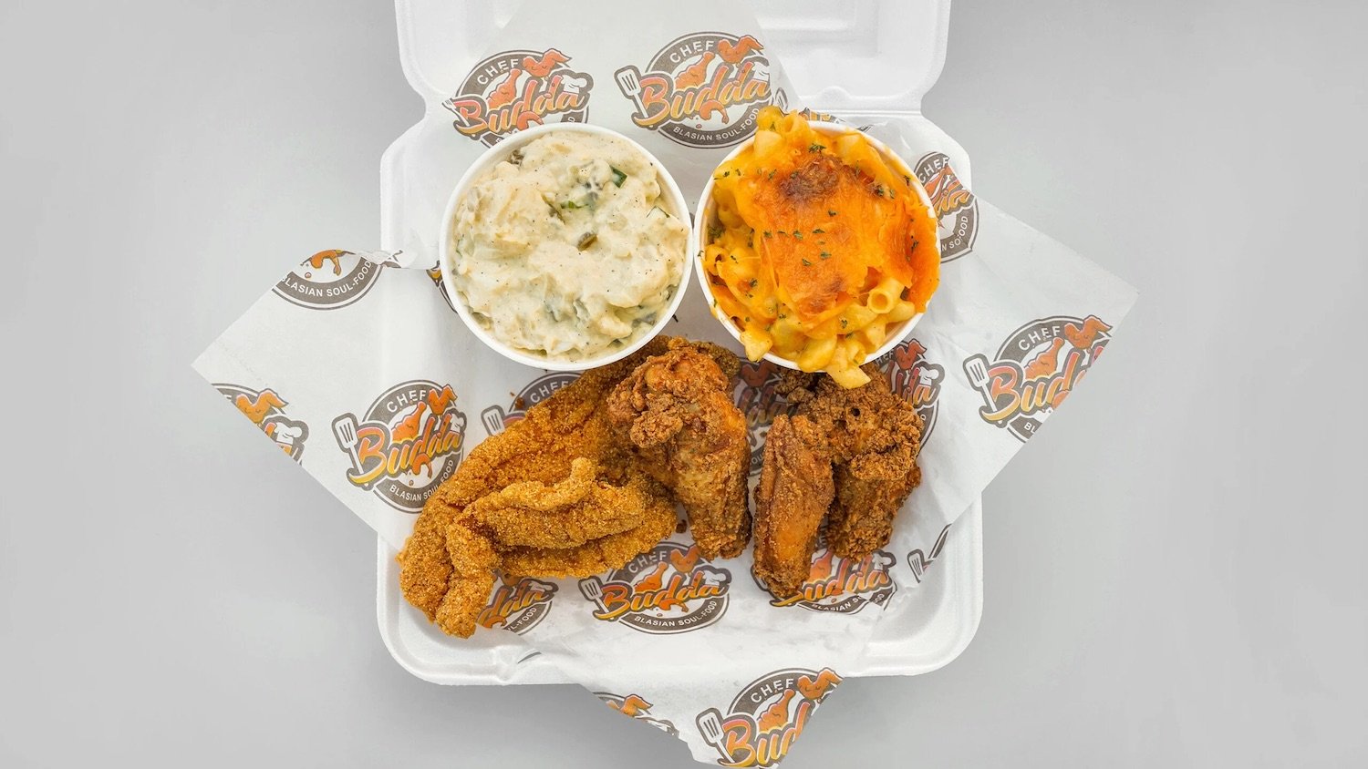 Food from San Diego food truck Chef Budda Blasian Soul Food which opened its first brick and mortar location in Oak Park