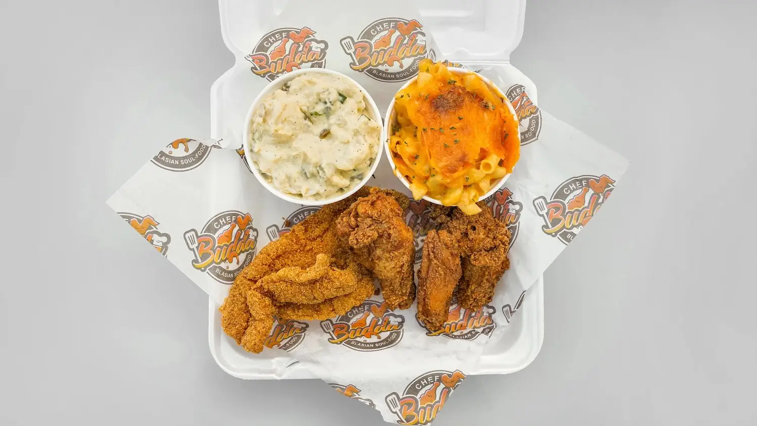 Food from San Diego food truck Chef Budda Blasian Soul Food which opened its first brick and mortar location in Oak Park