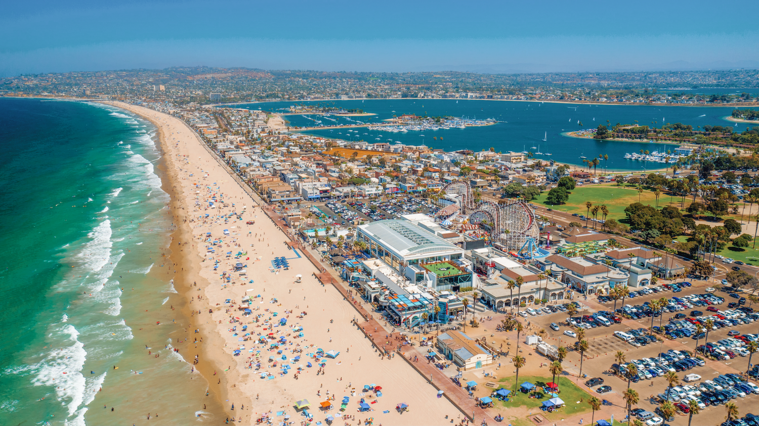 Aerial view of San Diego's Belmont Park located in Mission Beach which celebrates its 100th anniversary in 2025