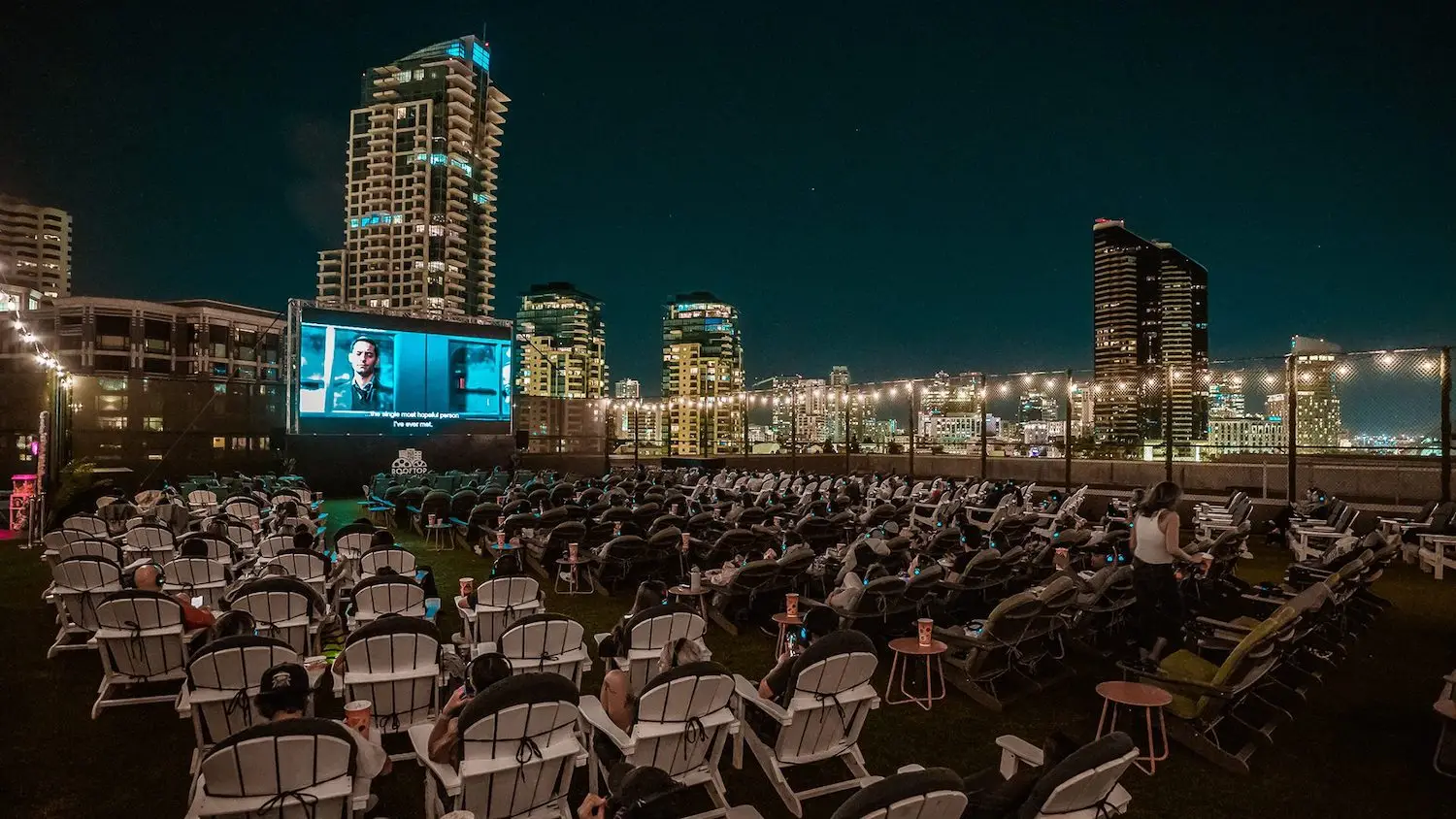 San Diego outdoor movie theater event this Summer 2025 featuring Rooftop Cinema Club atop the Manchester Grand Hyatt Hotel