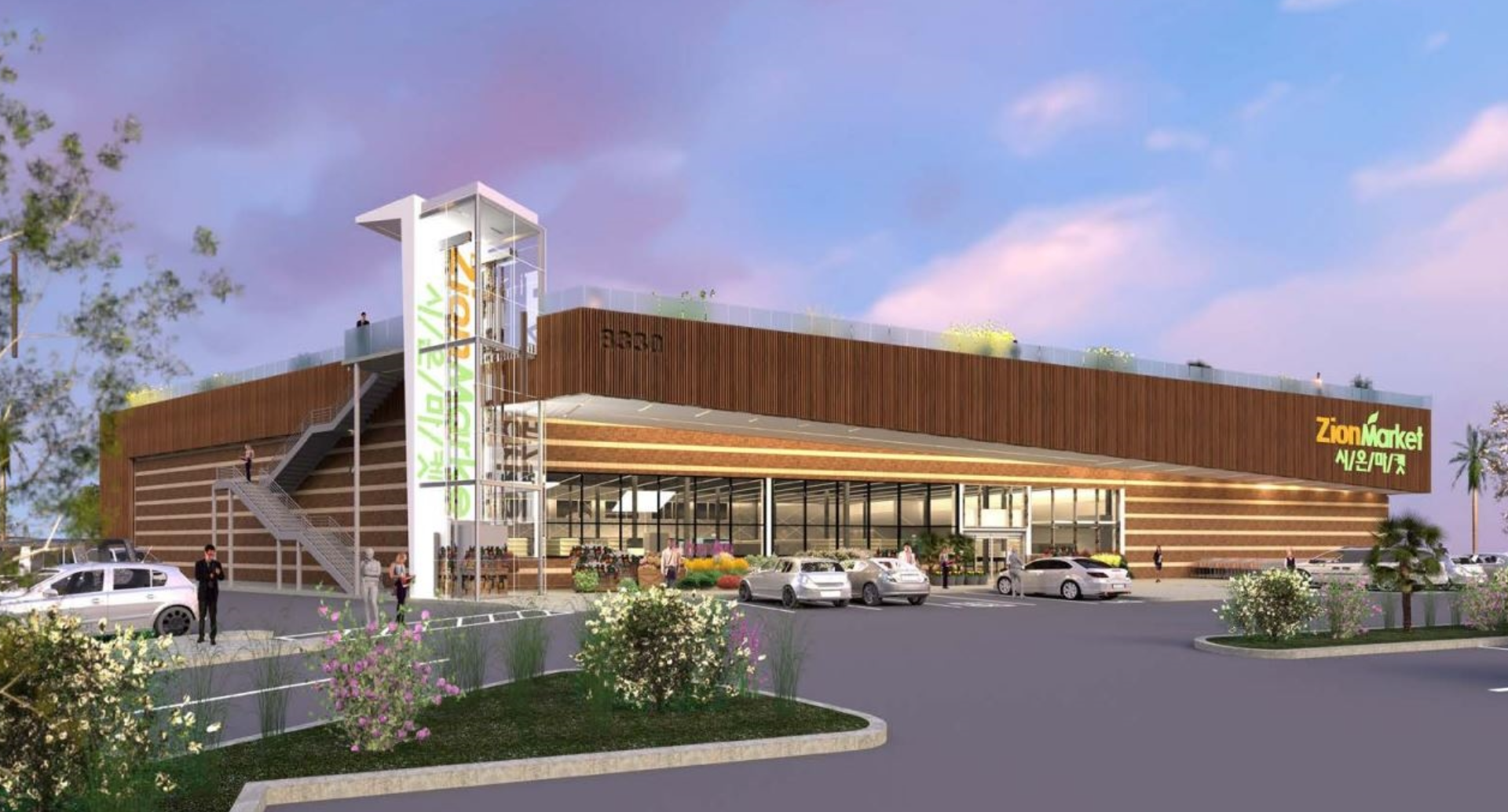 Rendering of the new San Diego Zion Market location featuring a new food hall and rooftop bar in Convoy District