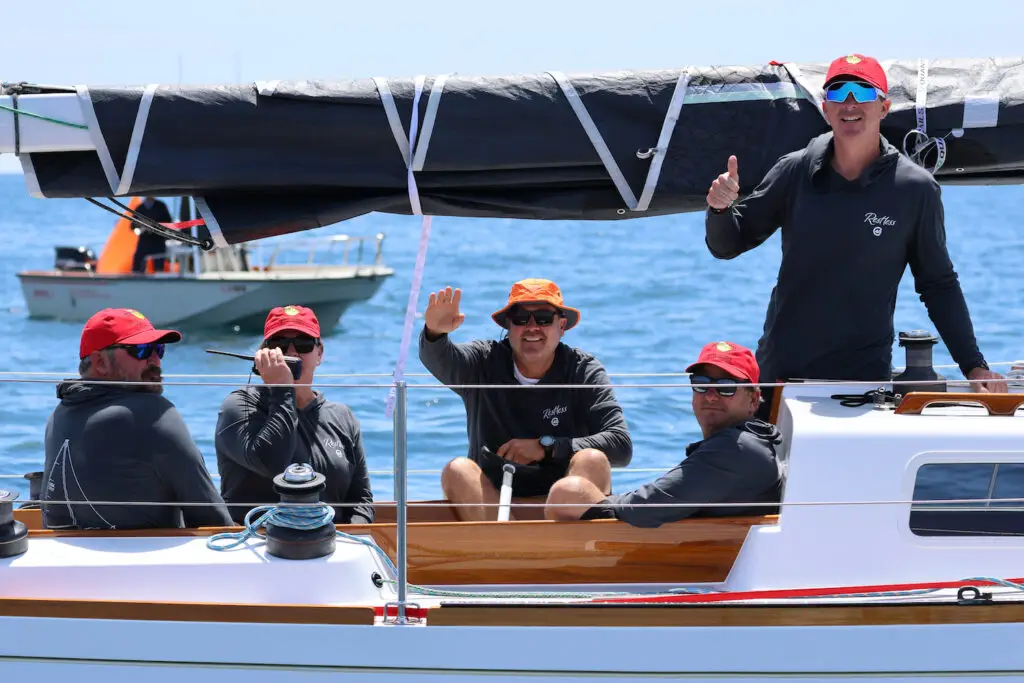 Alli Bell and the crew on the vintage Cal 40 boat called Restless which won the 2025 Transpacific Yacht Race from Los Angeles to Hawaii