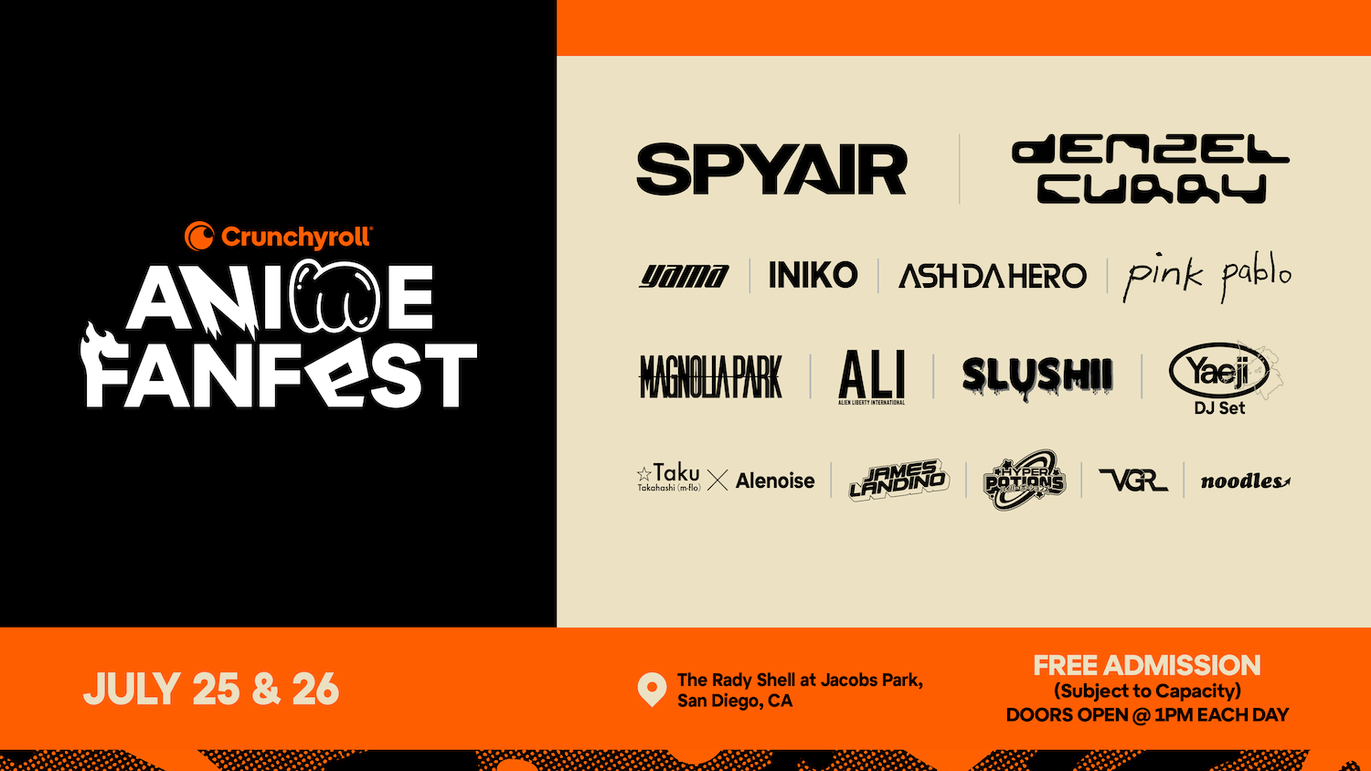 San Diego Comic-Con 2025 free and offsite events without a badge featuring the lineup poster for Crunchyroll's Anime FanFest music festival