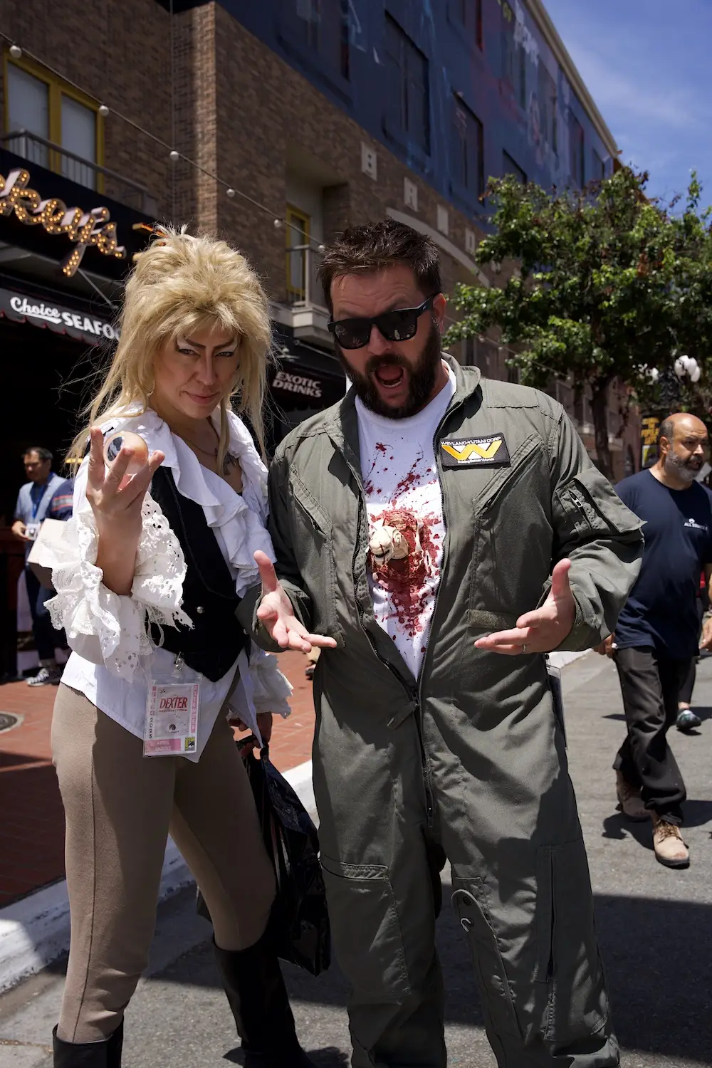 2025 San Diego Comic-Con cosplay dressed as David Bowie and a character from Alien 